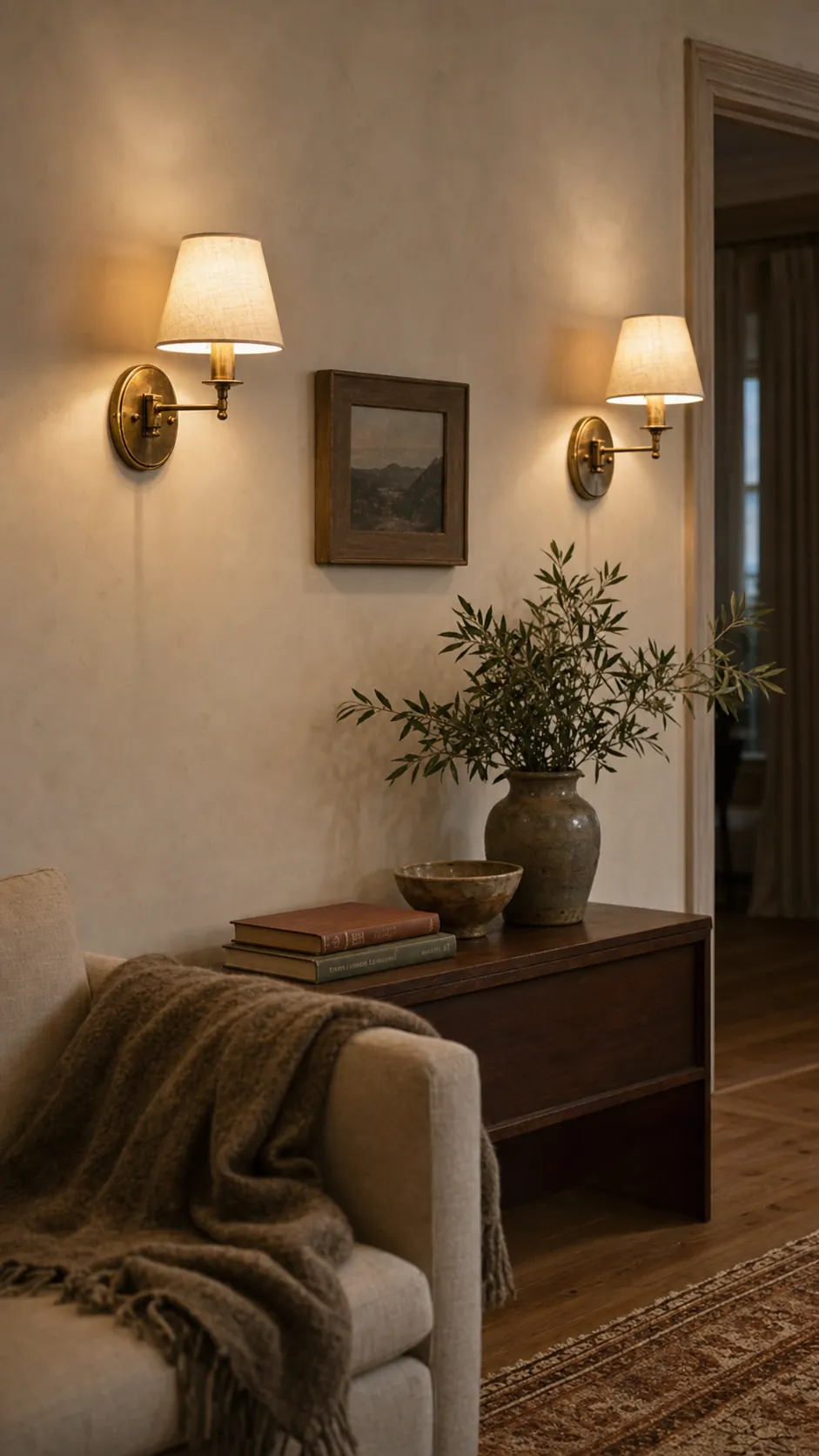 Antique brass wall lights creating a cozy layered living room