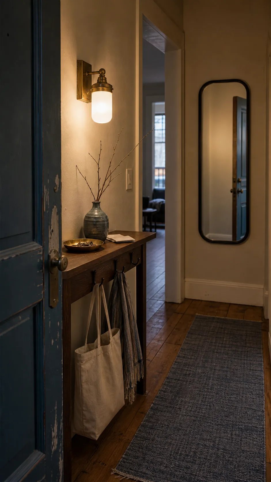 Antique brass wall sconce warming a narrow entryway console