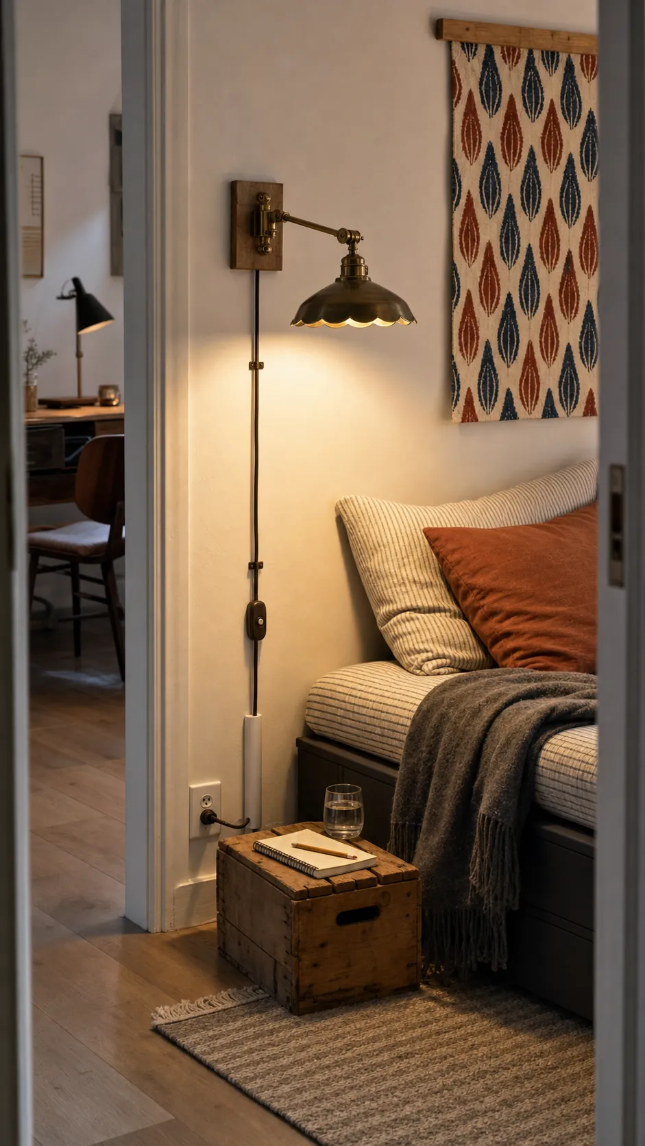Neatly installed plug-in antique brass wall sconce in a renter-friendly room