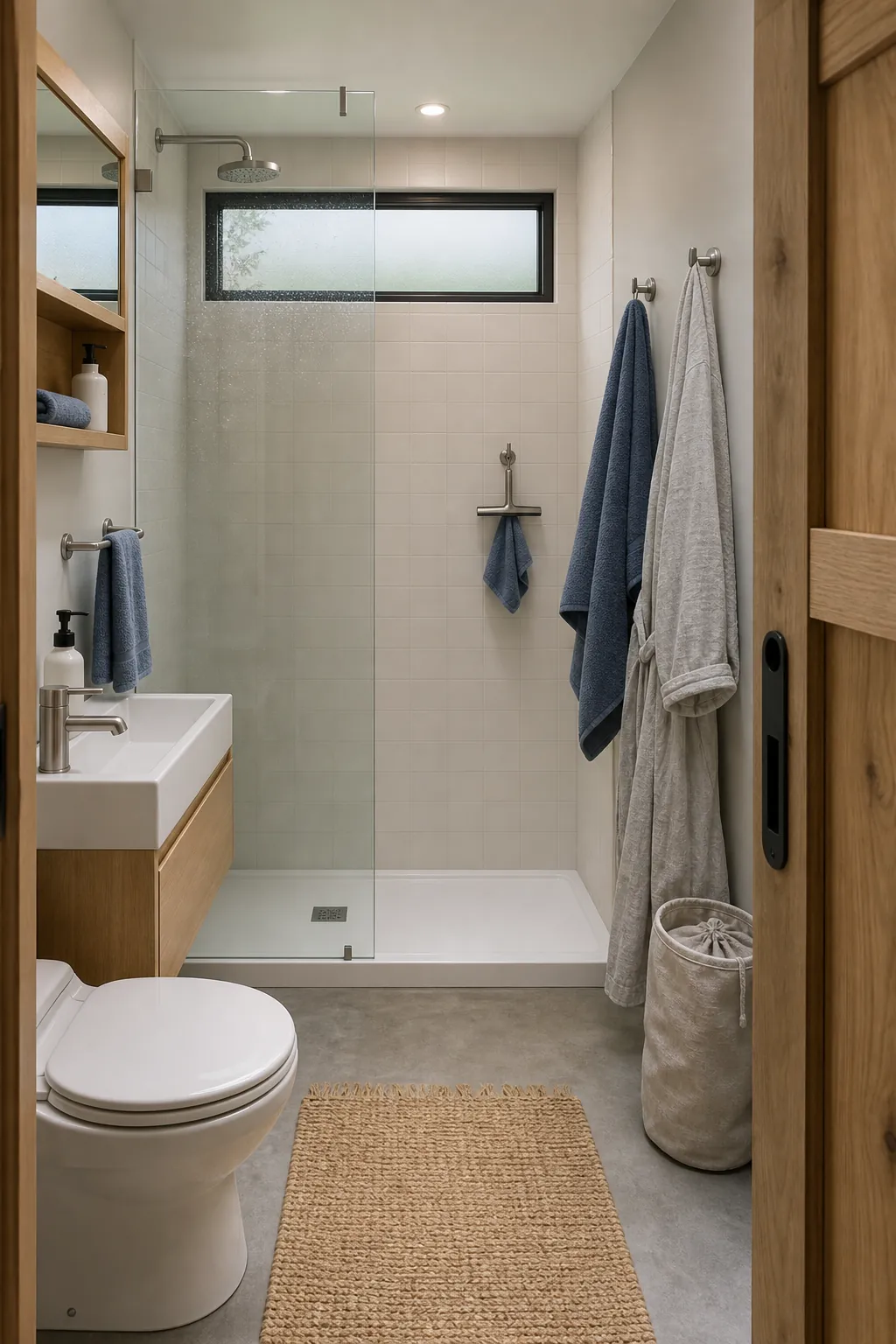 Tiny home bathroom organized into wet, damp, and dry storage zones
