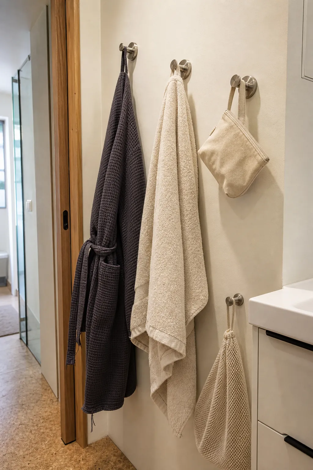 Purposeful low-profile hooks in a compact tiny house bathroom