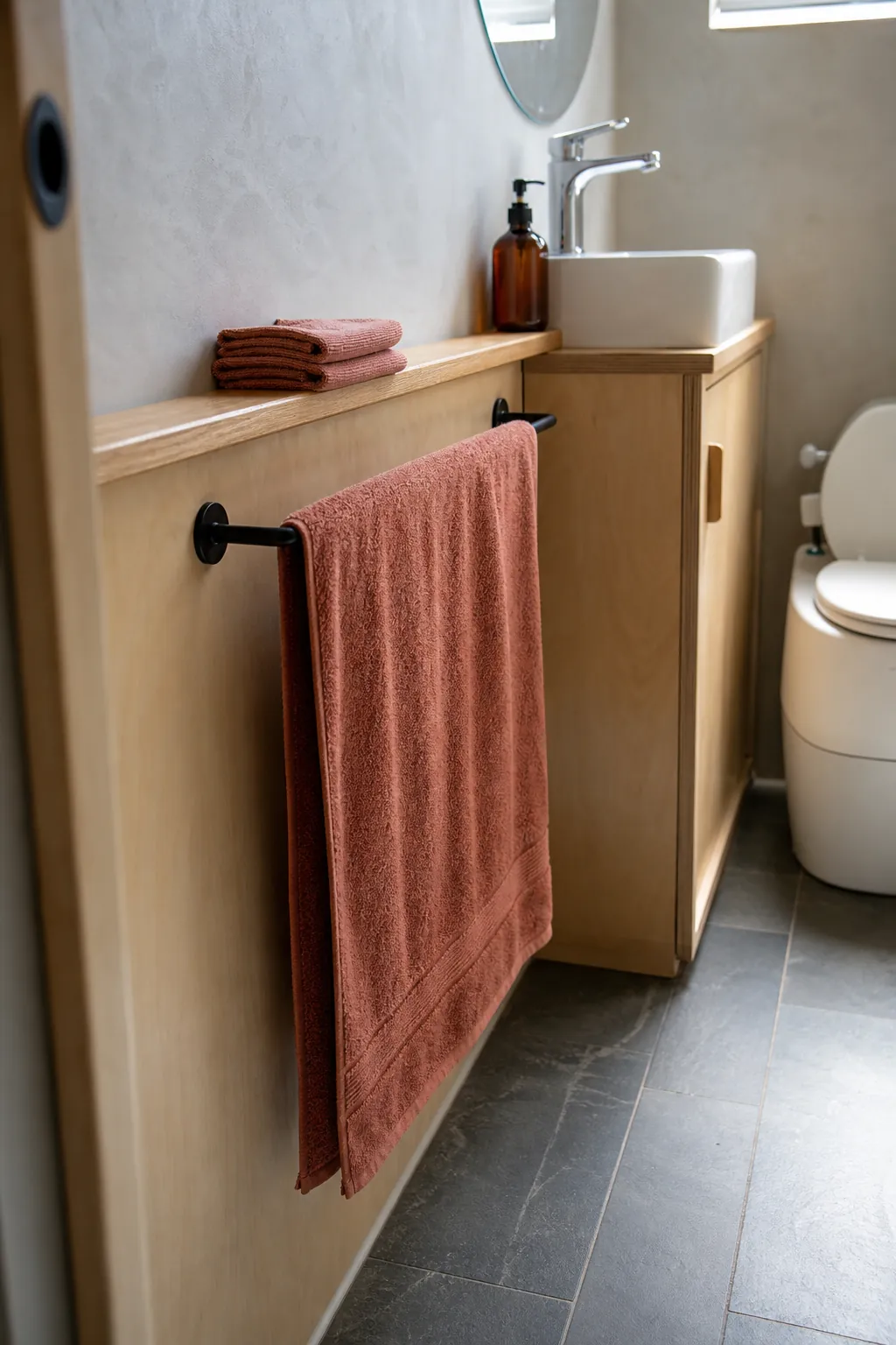 Slim towel rail providing airflow without blocking a narrow bathroom aisle