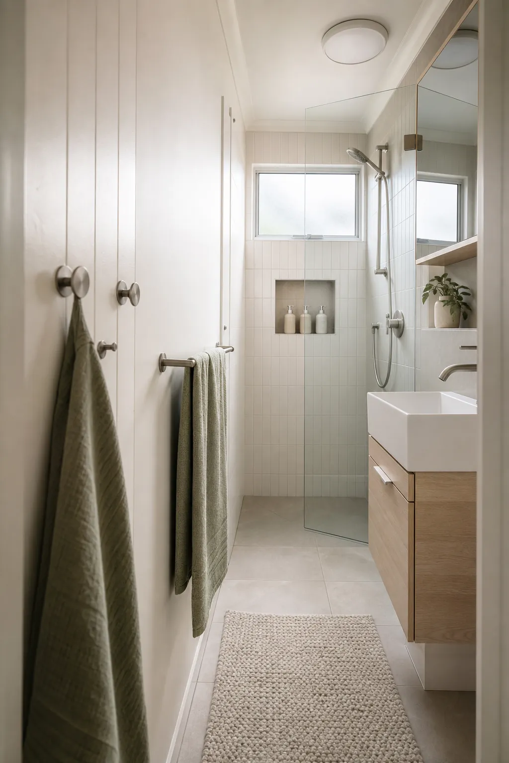 Tiny home bathroom with space-saving hooks, towel rail, and shower niche