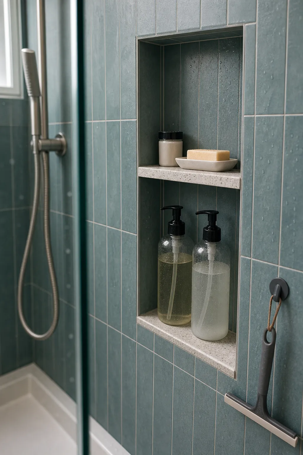 Waterproof recessed shower niche sized for everyday bottles in a tiny home
