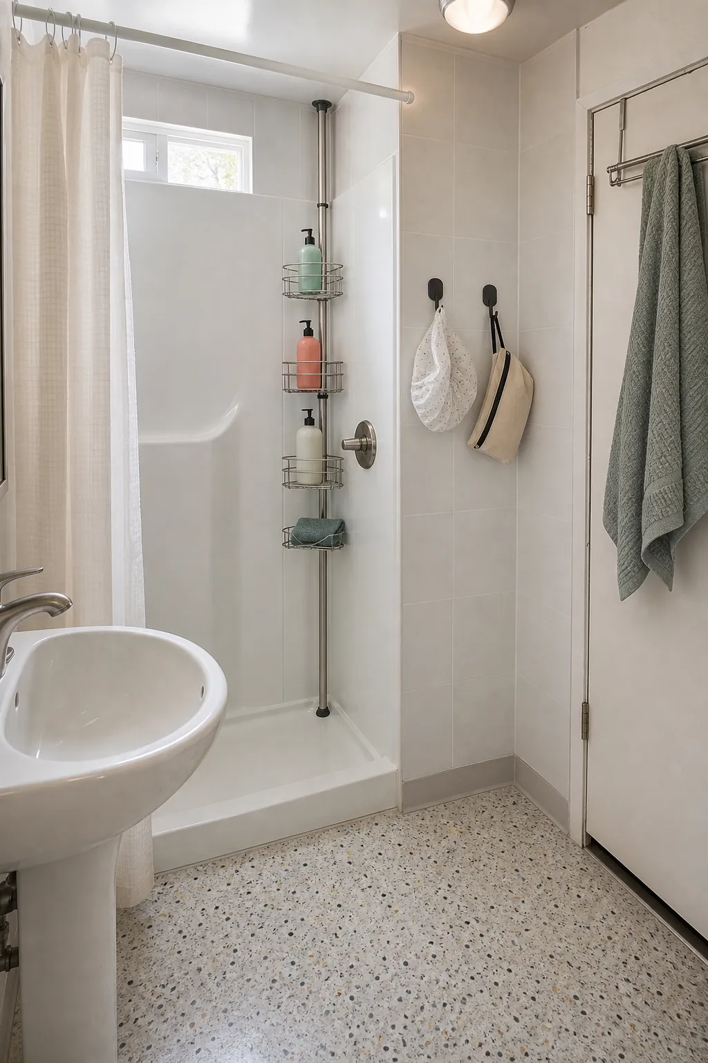 No-drill renter-friendly hooks and tension storage in a tiny bathroom