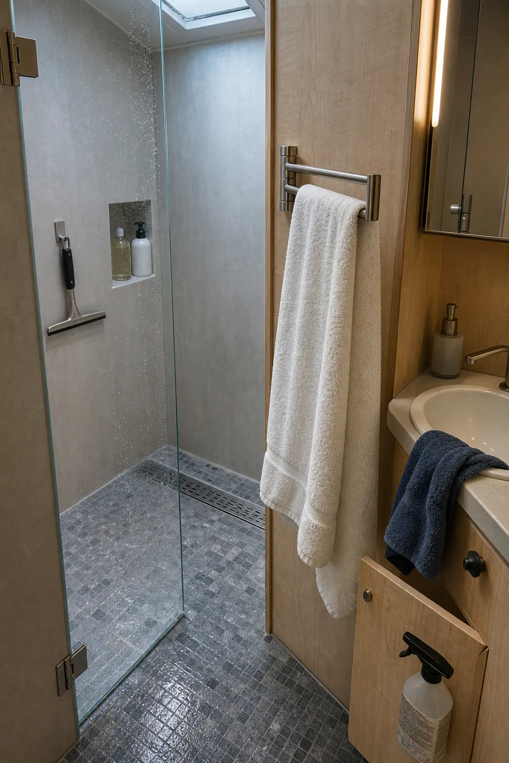 Daily-use check of reachable dry towels and easy-clean shower storage