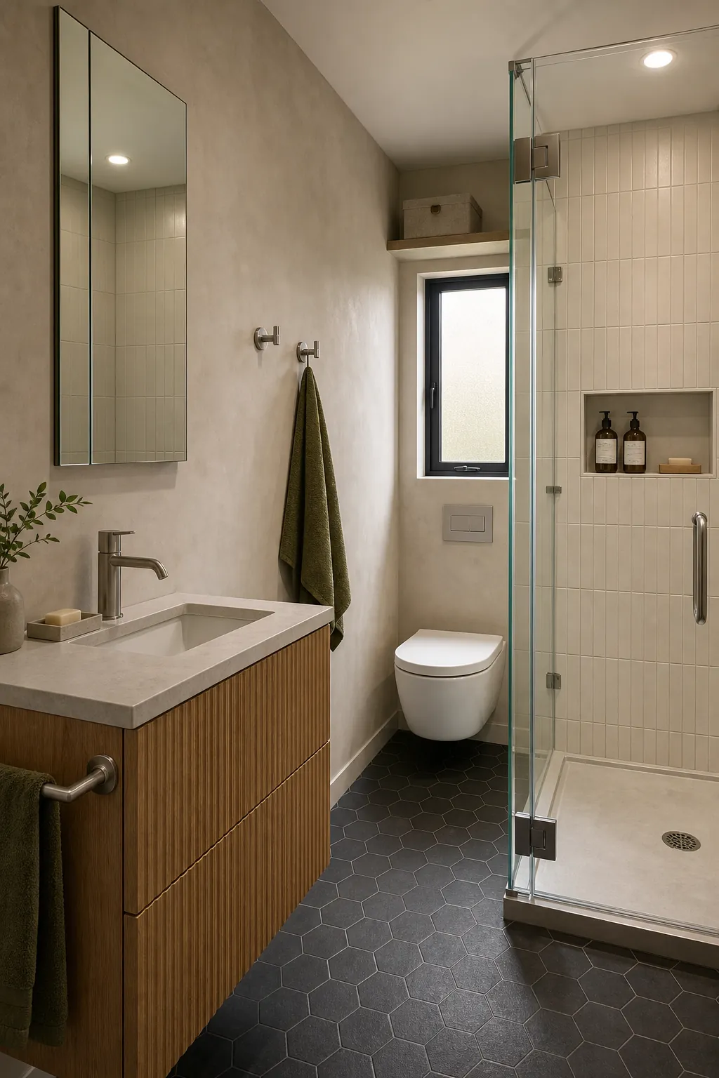 Coordinated hooks rail and niche creating calm tiny bathroom organization