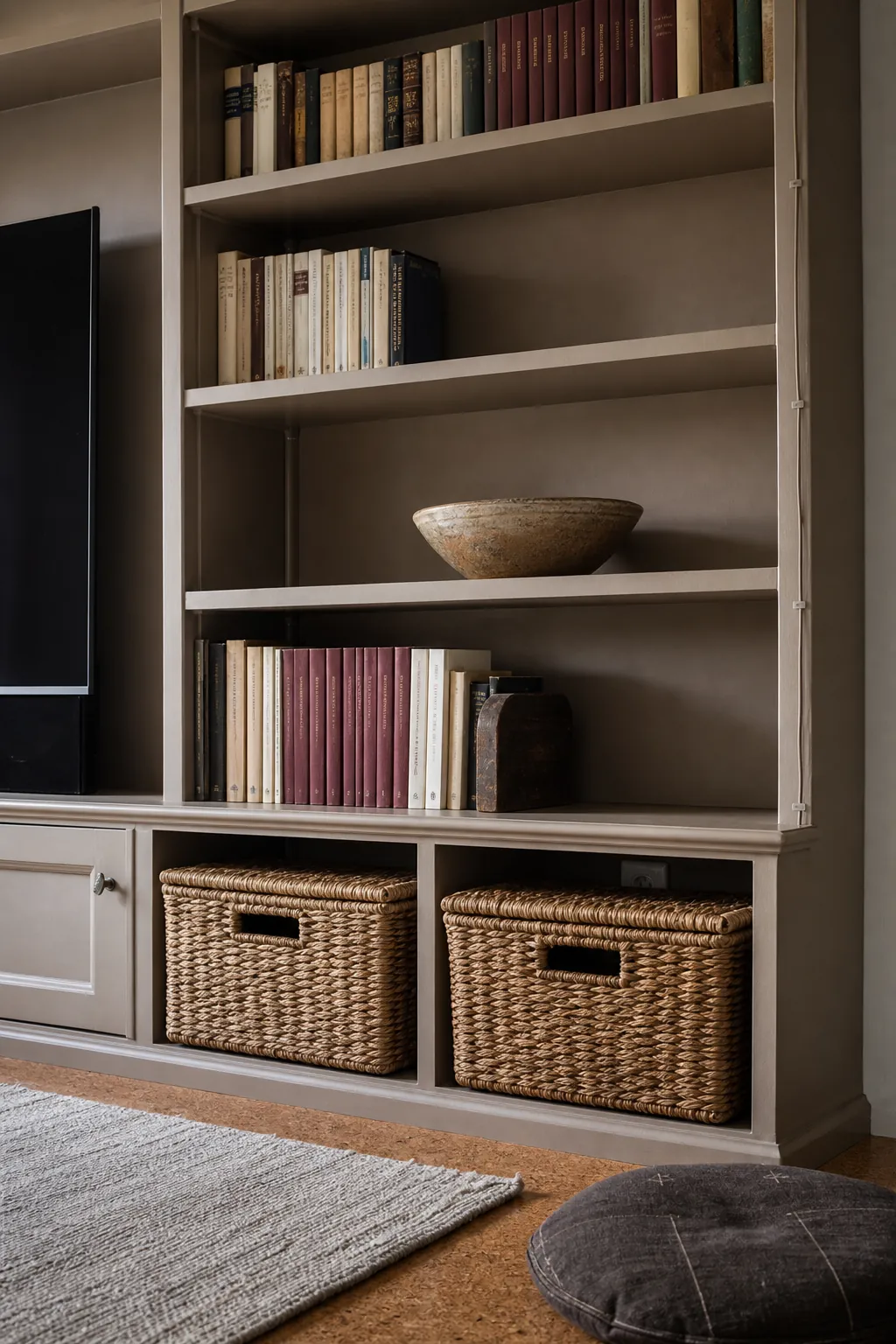 Calm bookshelf with grouped items, open space, and concealed lower-shelf storage