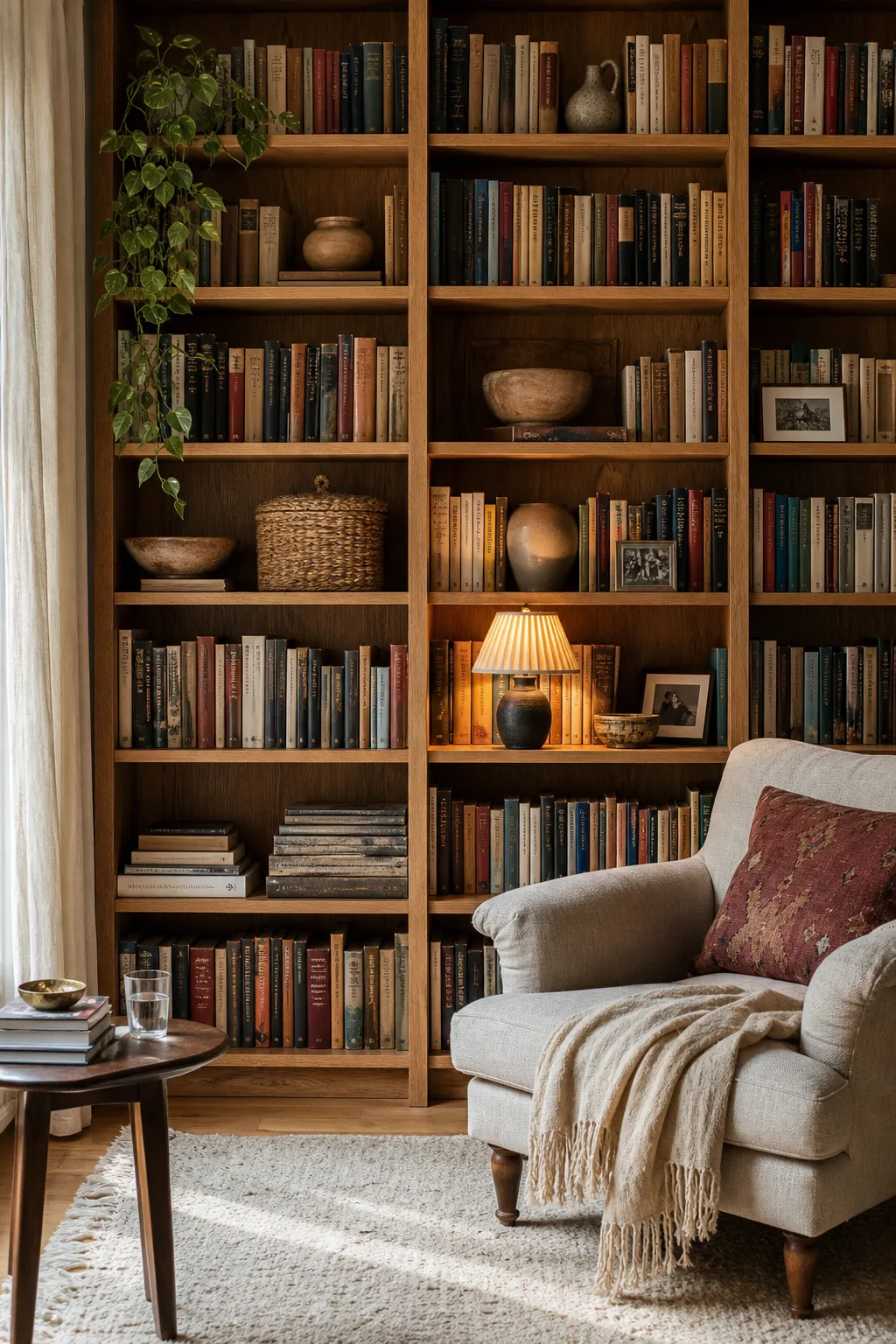 Warm personal bookshelf wall with books, pottery, photographs, plants, and soft lighting