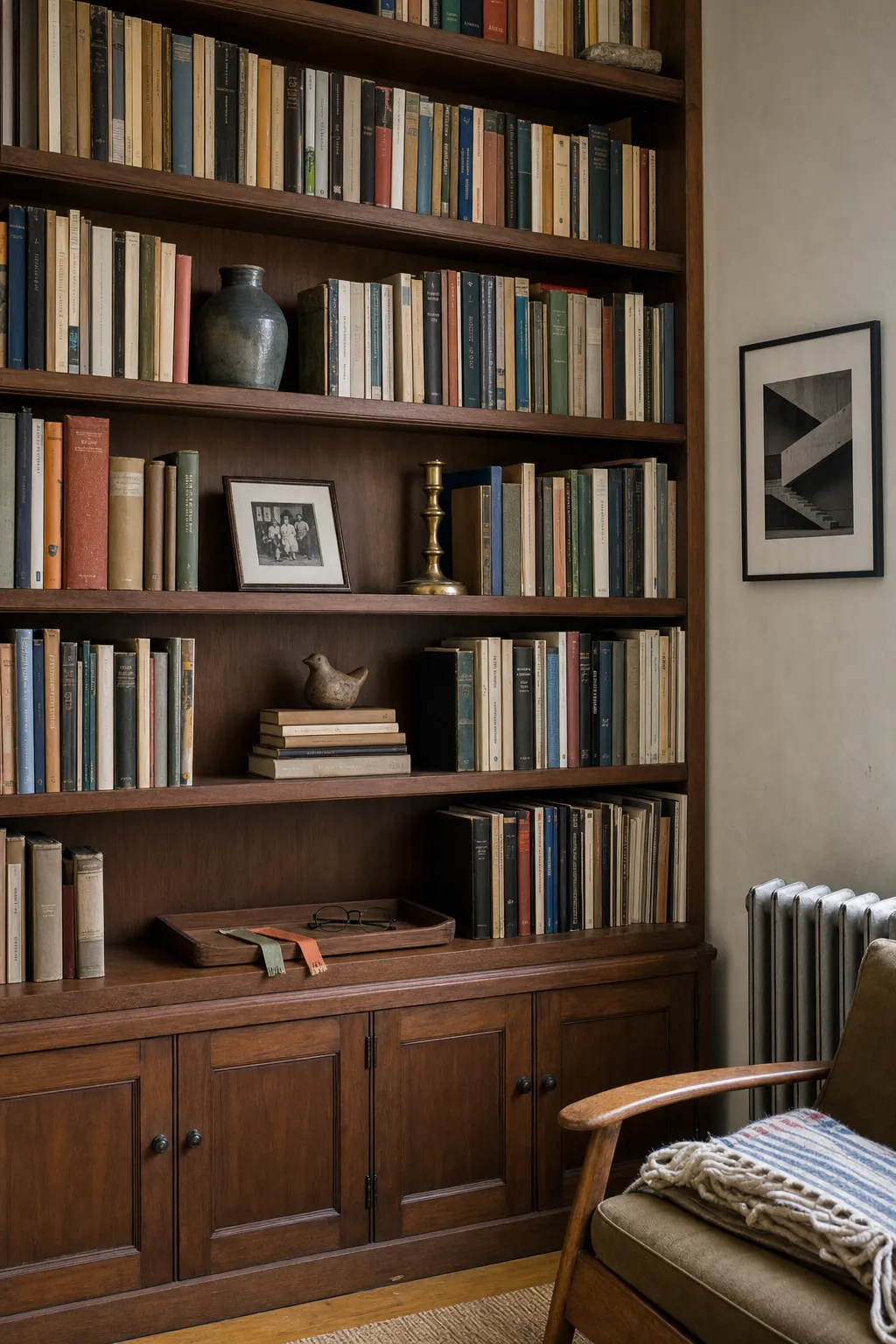 Bookshelf styling with meaningful objects grouped among substantial rows of books