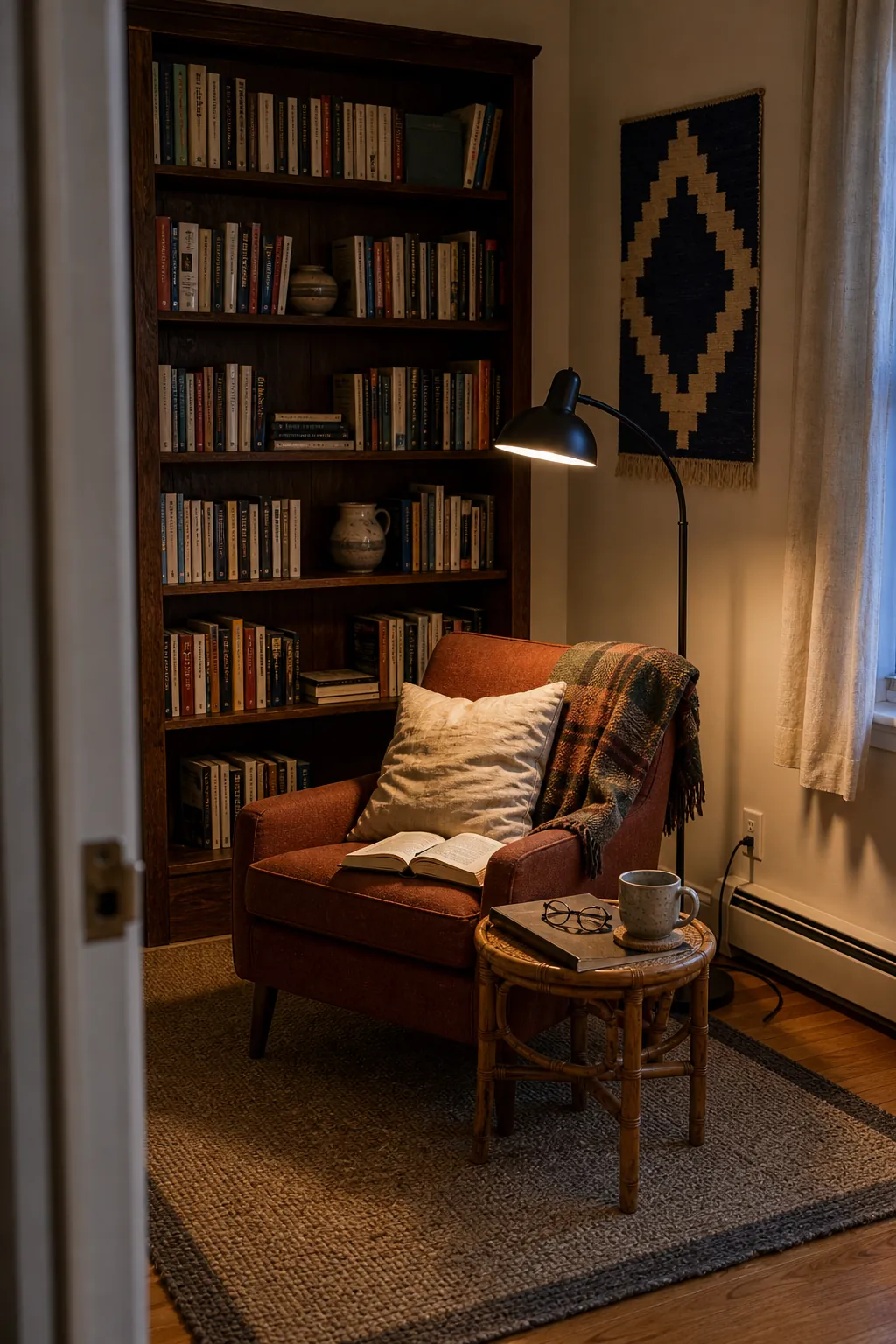 Bookshelf wall connected to a cozy reading chair corner with layered textiles
