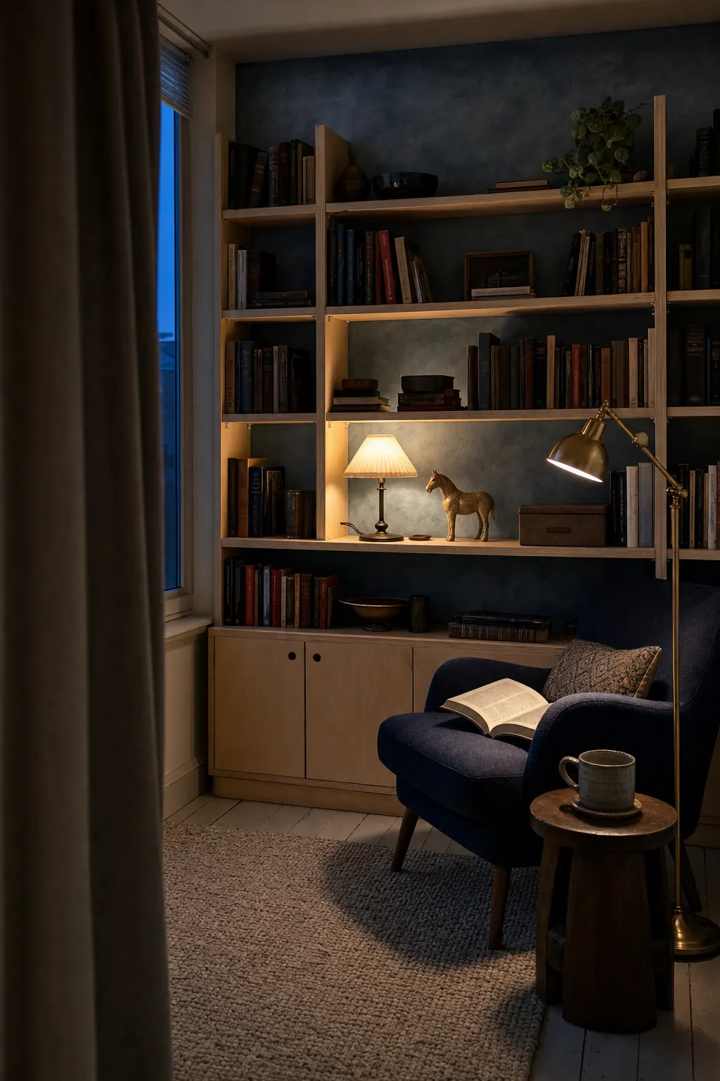 Bookshelf wall warmed by a shaded shelf lamp and nearby reading light at night
