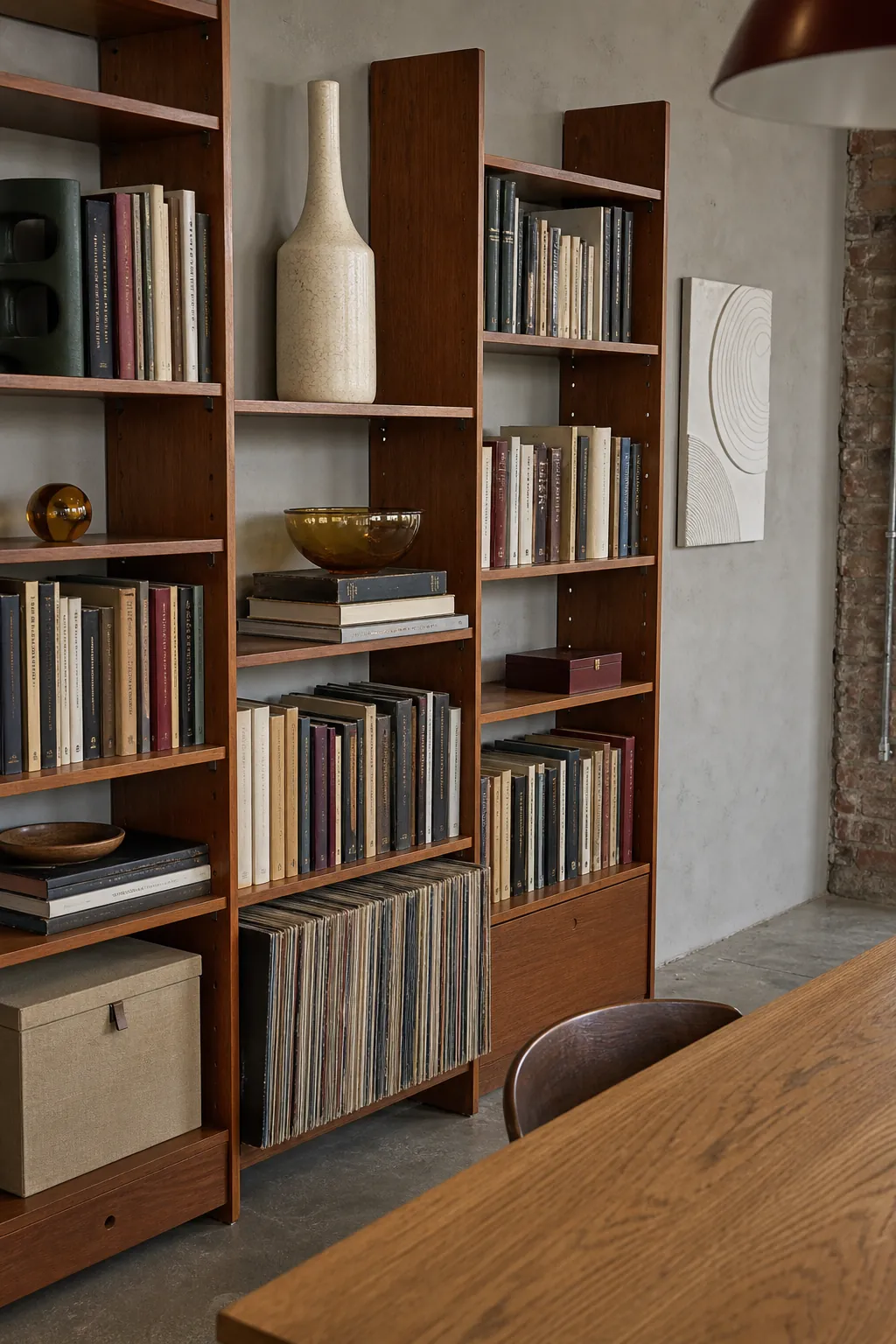 Bookshelf decor using varied heights, horizontal books, and repeated muted colors