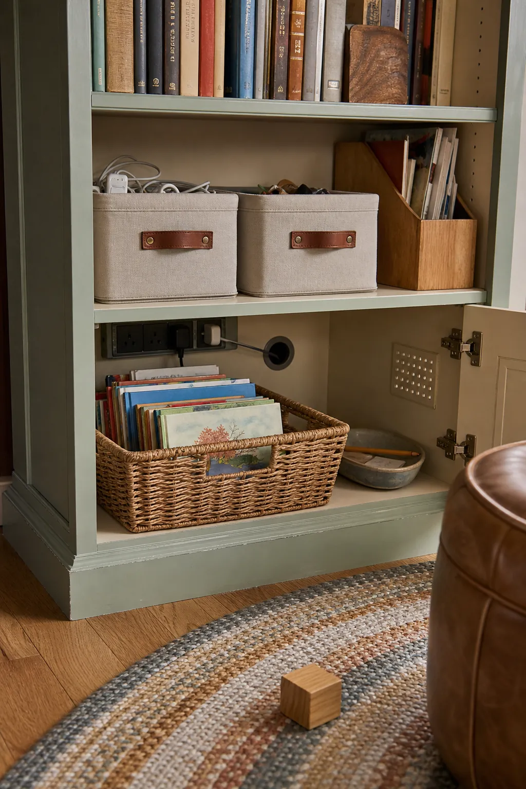 Practical lower bookshelf storage with labeled boxes, book baskets, and hidden cords