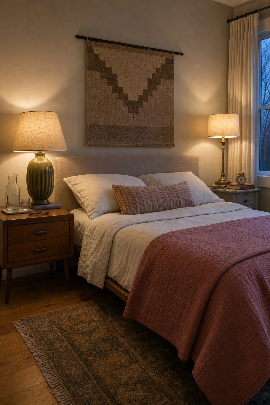 Mismatched vintage bedside lamps creating a balanced warm bedroom