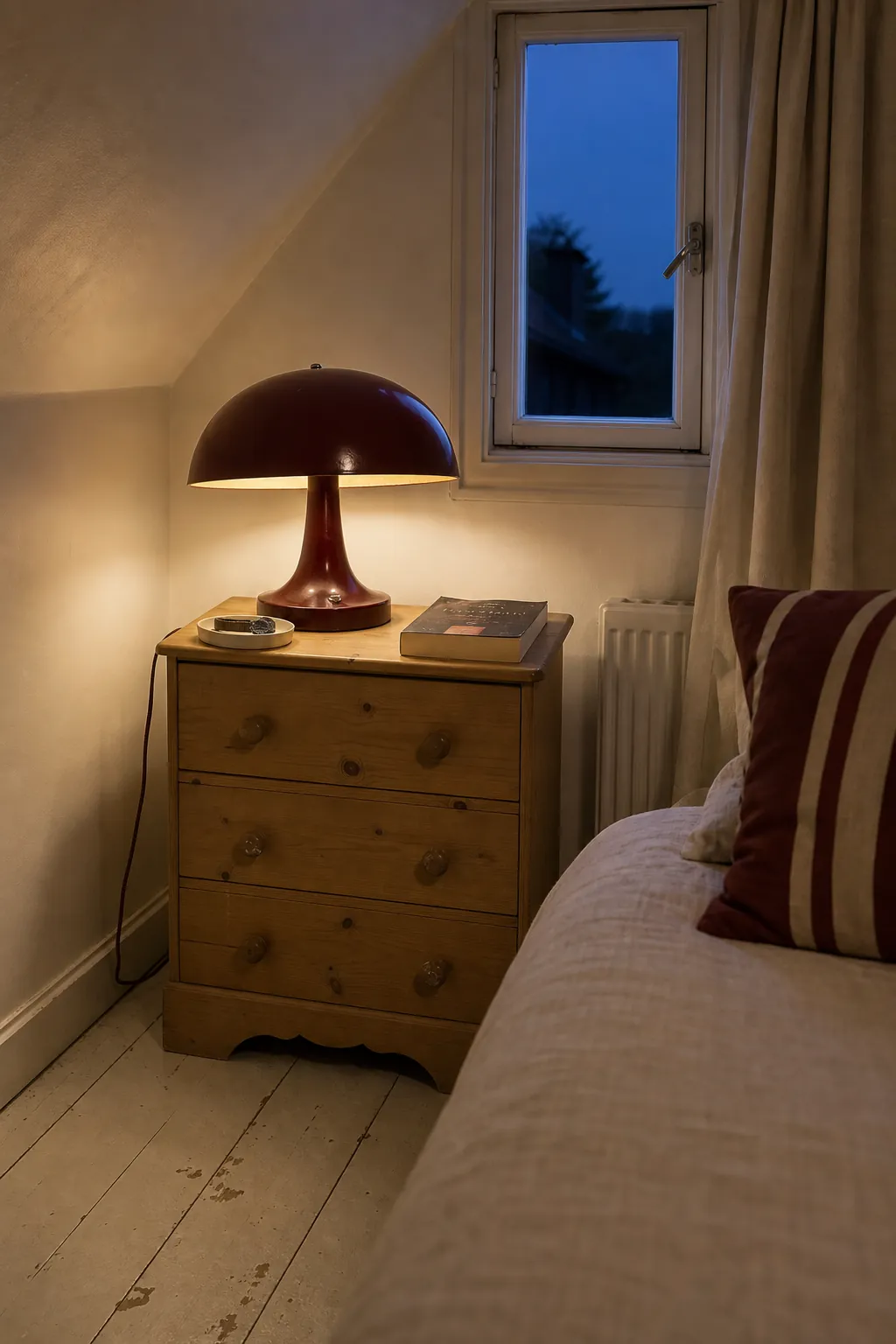 Sculptural vintage mushroom lamp in a compact bedroom corner