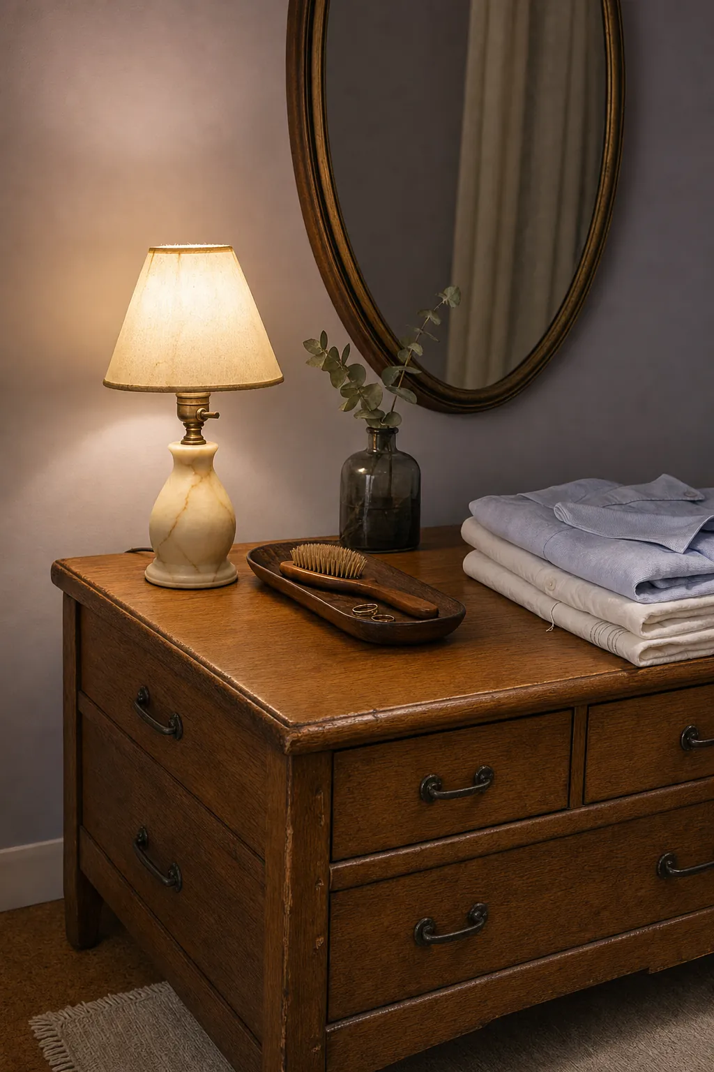 Small vintage lamp styled simply on a wooden bedroom dresser