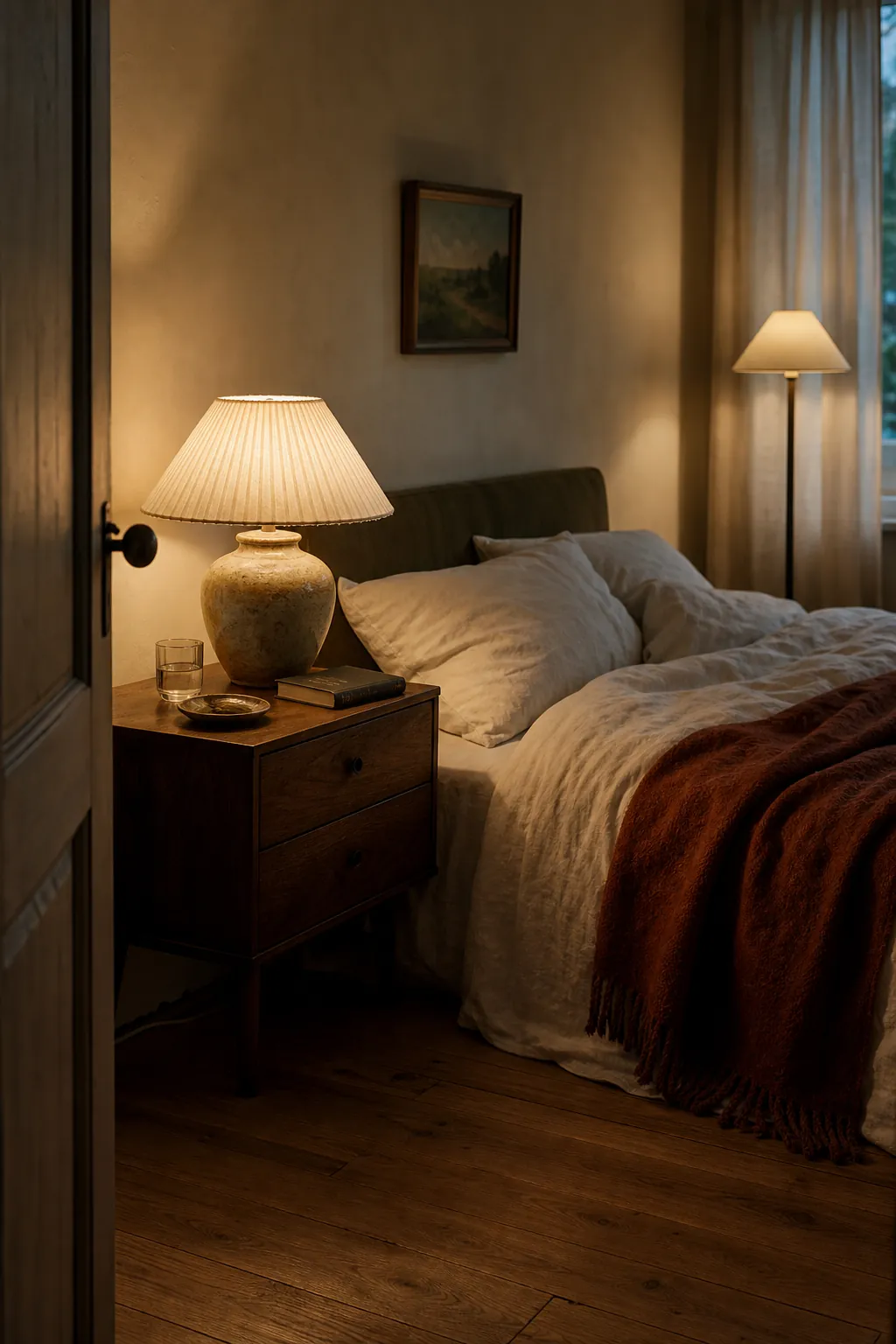 Vintage lamps casting soft layered light across a warm bedroom