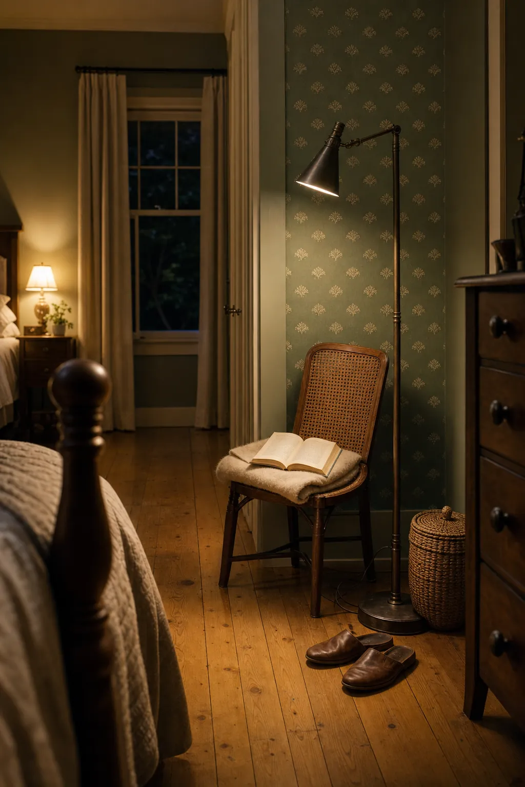Vintage floor lamp adding a second layer of soft bedroom lighting