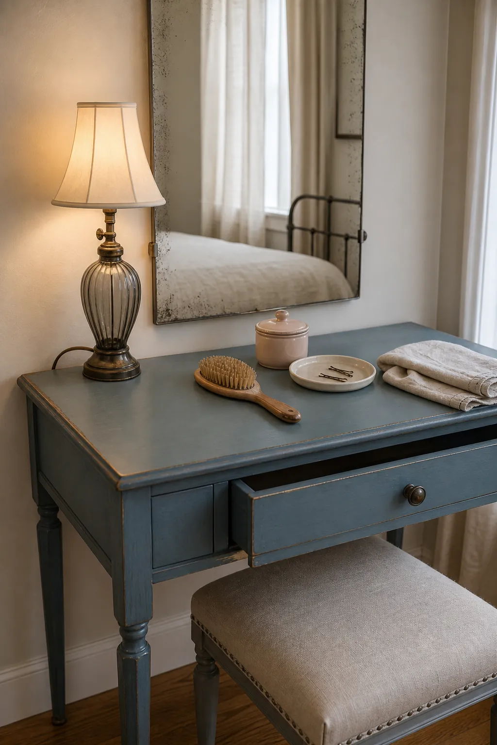 Vintage glass lamp providing soft light at a bedroom vanity