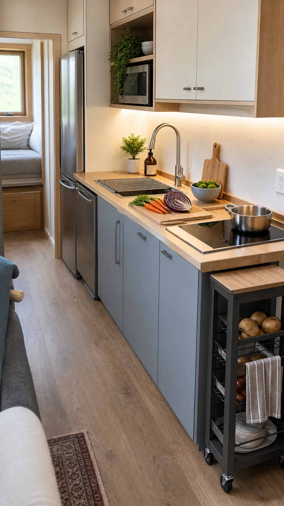 Tiny home kitchen with clear prep counter, sink board, and slim rolling cart