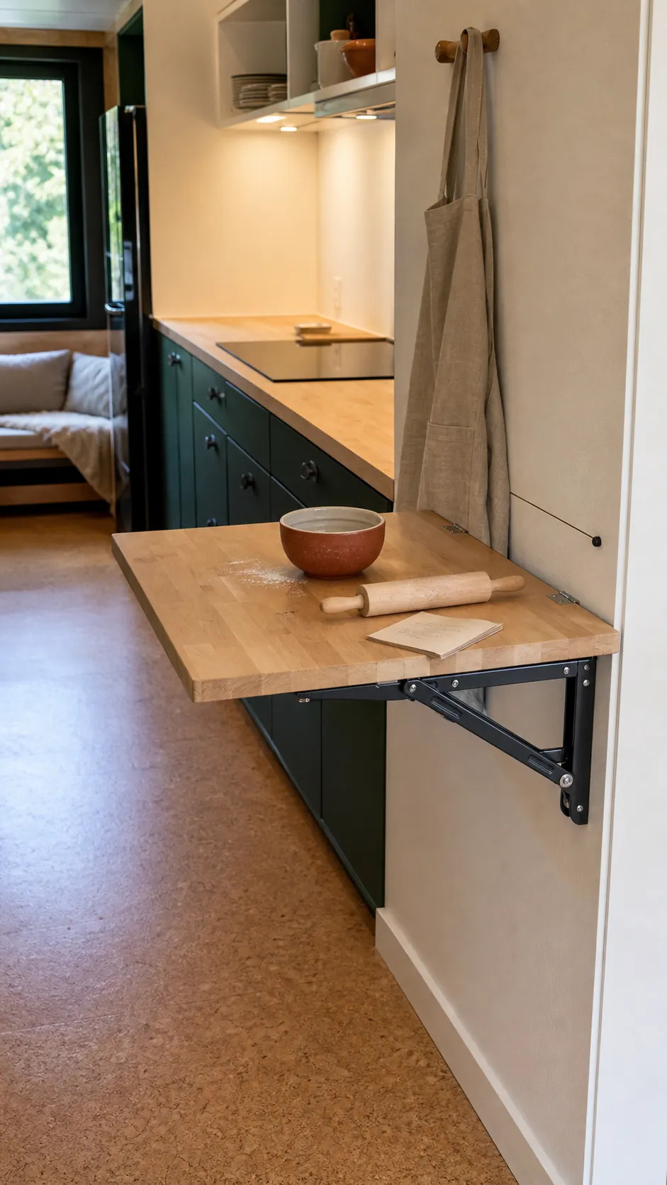 Fold-down counter opened beside a tiny home kitchen with clear support and aisle