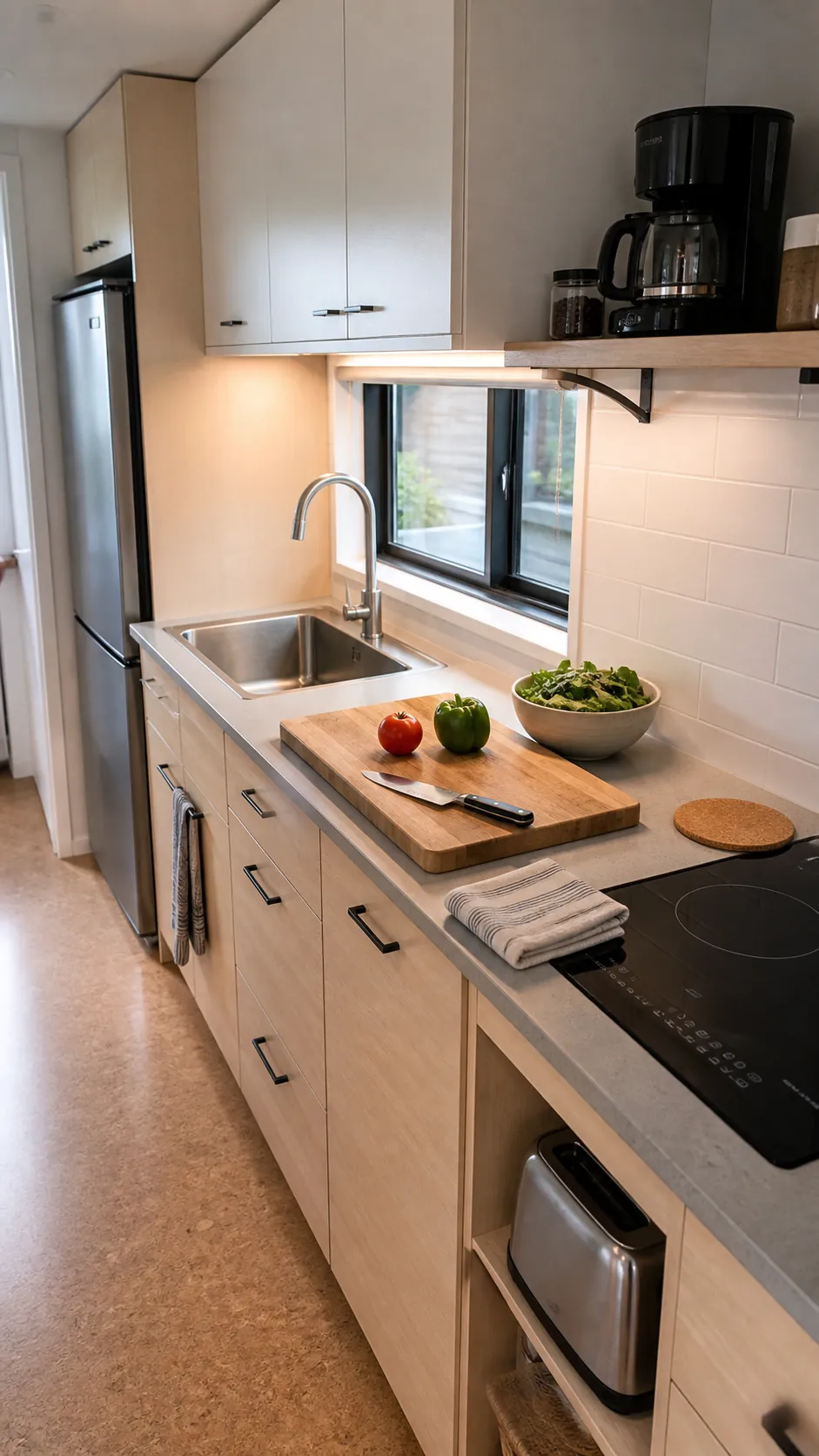 Clear permanent prep zone between sink and cooktop in a tiny home kitchen