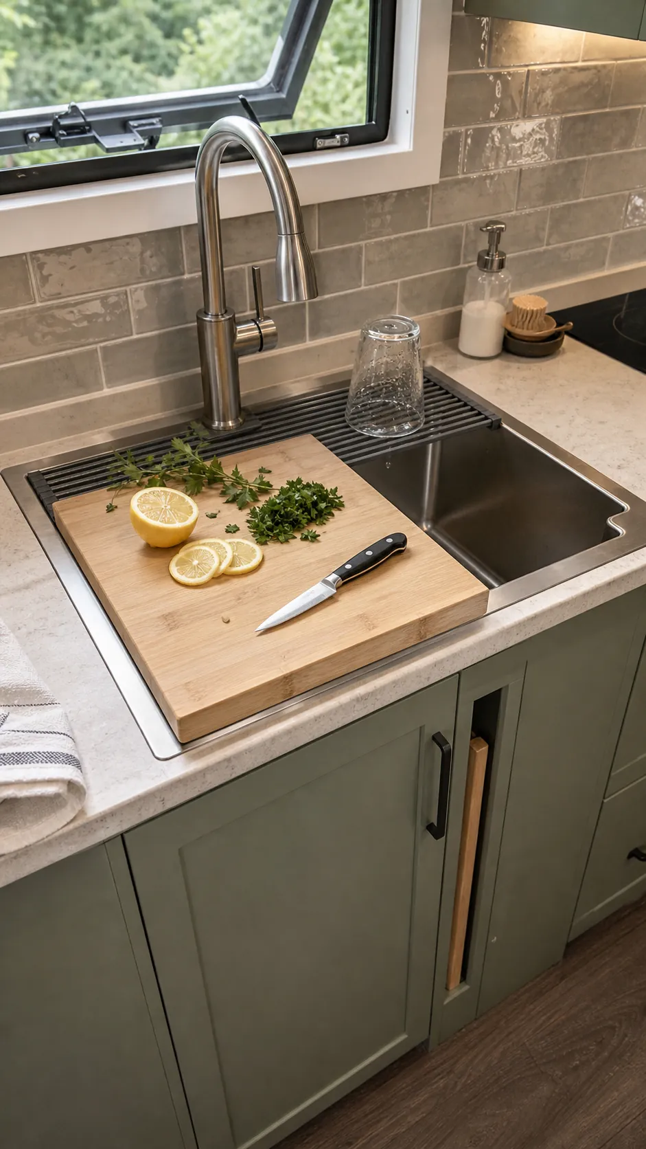Ledge-fit cutting board creating temporary counter space over a compact sink
