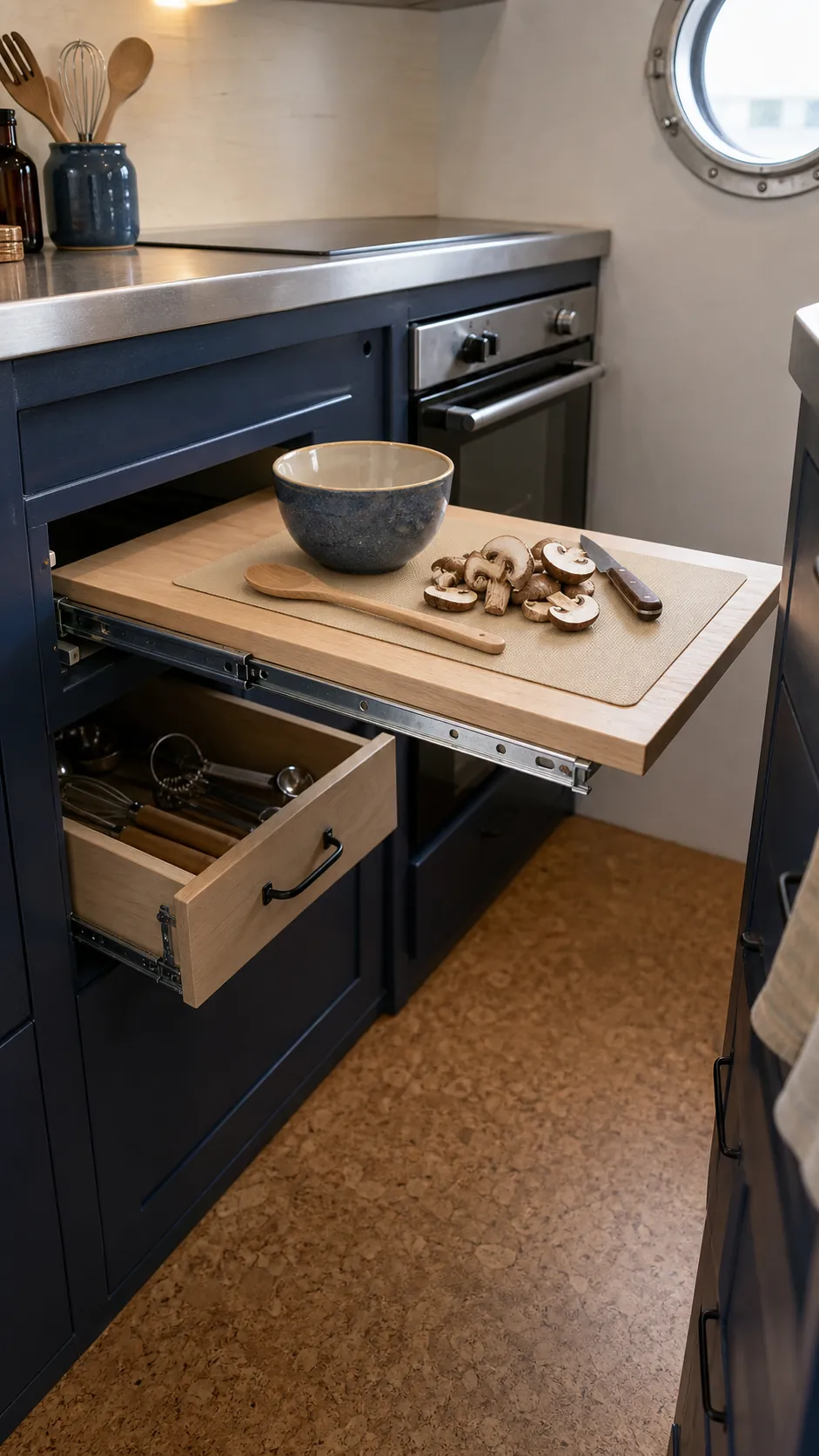 Pull-out work surface extending from compact kitchen cabinetry