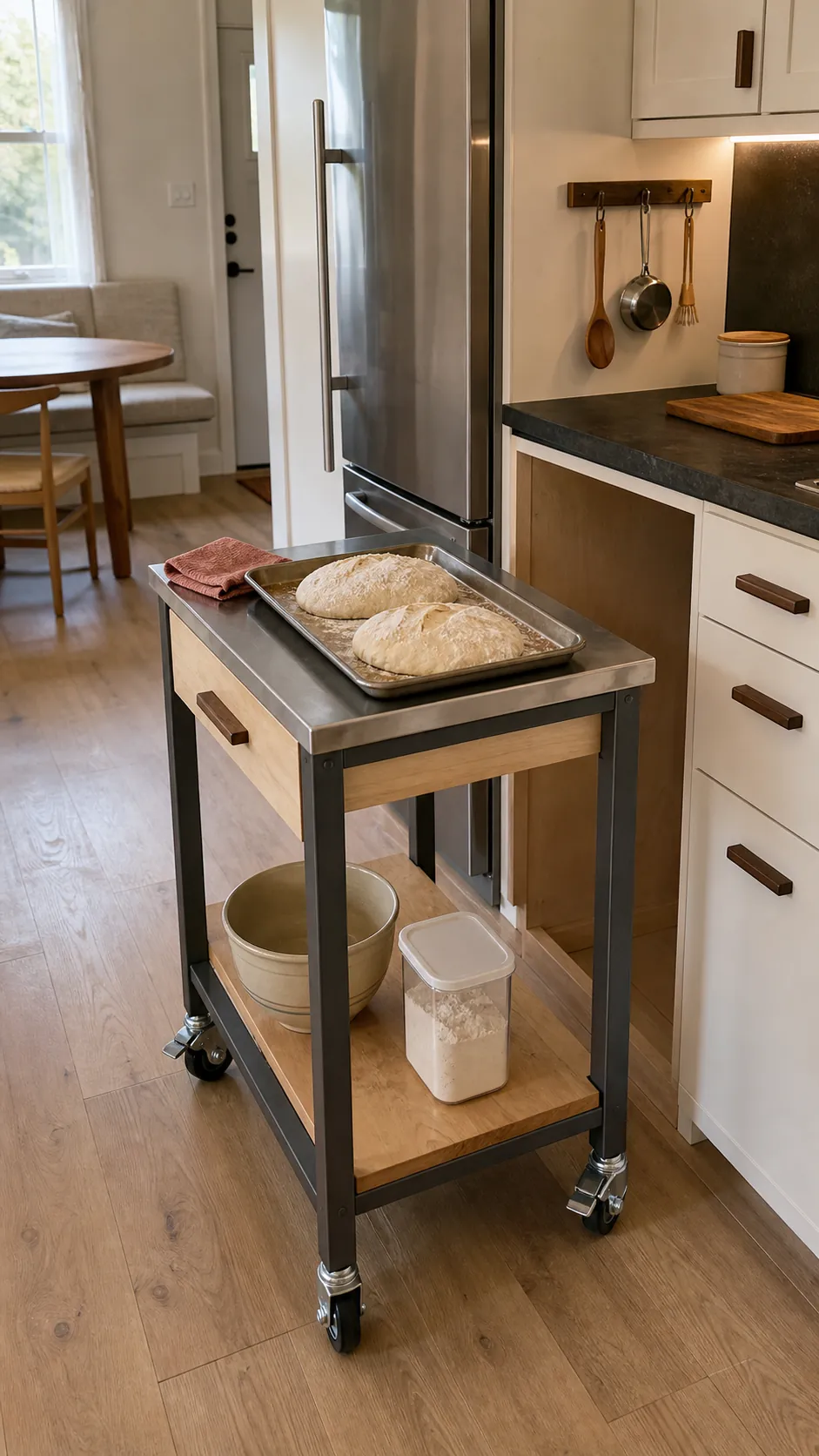 Slim rolling cart docked beside a tiny kitchen as flexible prep space