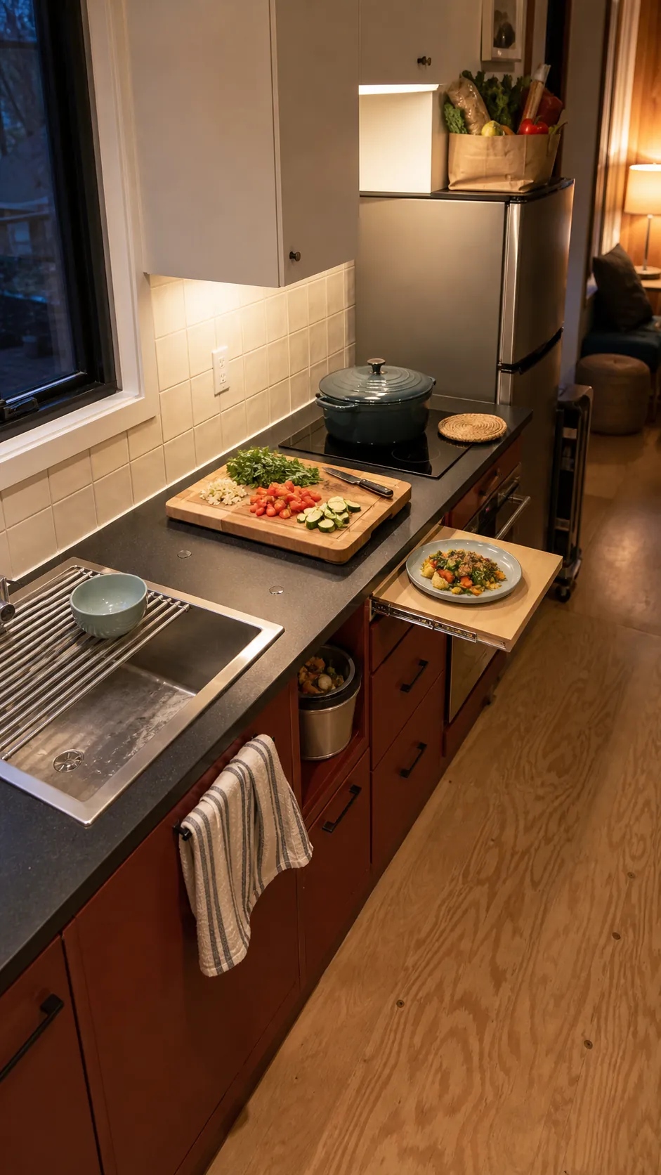 Tiny kitchen counter tested with ingredients, hot-pan landing, and finished meal zones