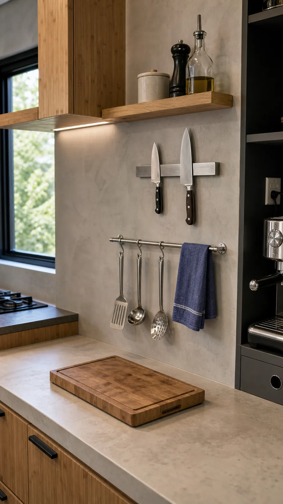 Vertical kitchen storage keeping a small counter clear for meal preparation
