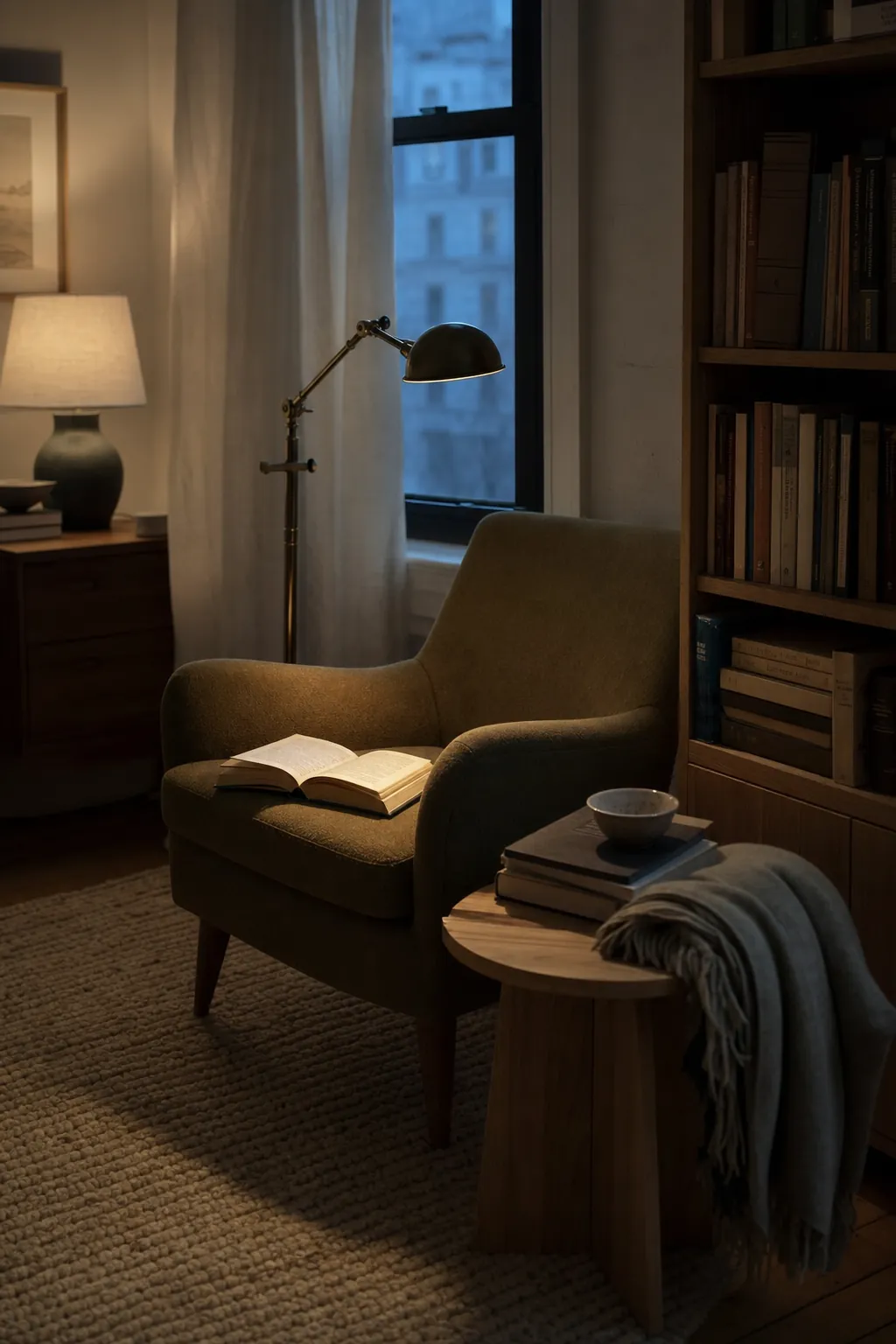 Soft evening reading nook with a focused floor lamp and gentle background light