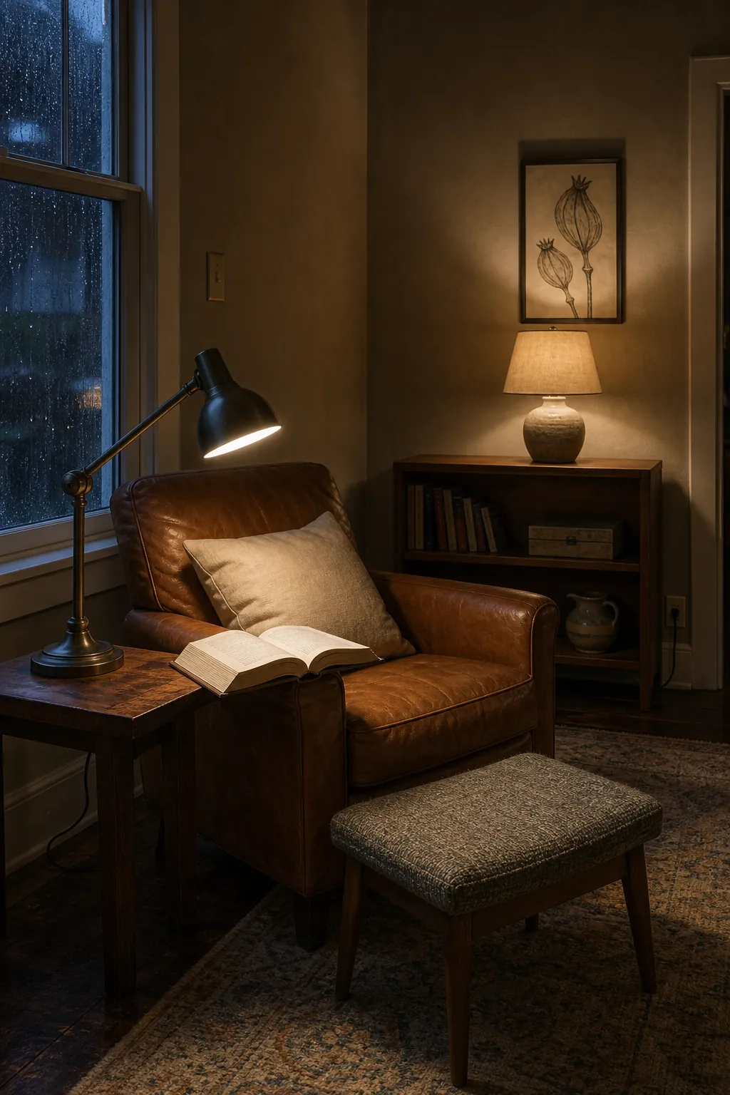 Reading nook with focused task light and a separate dim ambient lamp