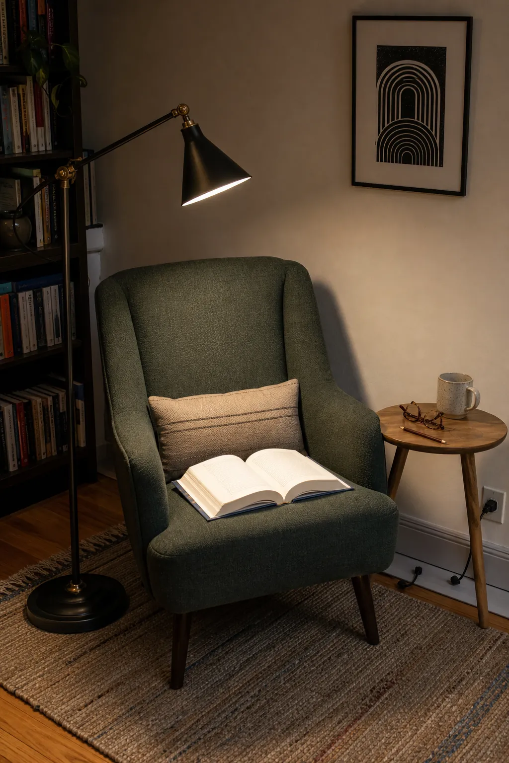 Adjustable reading lamp placed behind a chair shoulder to light the page without glare