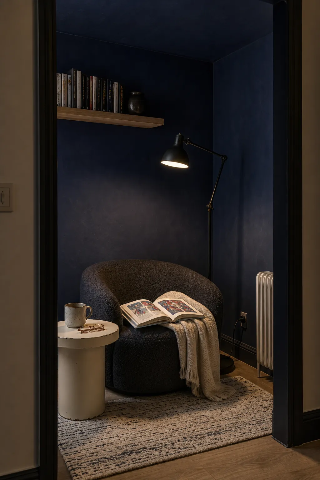 Dark painted reading corner with a focused lamp and pale surfaces that bounce light