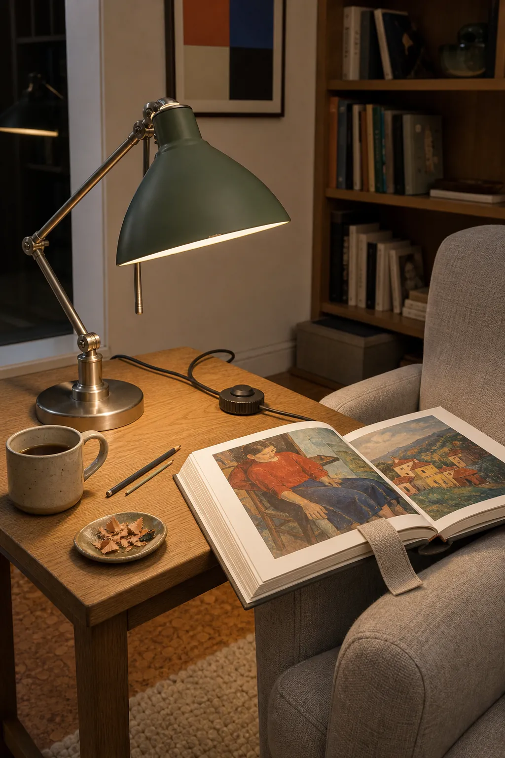 Reading nook lamp with dimmer, opaque shade, and natural color rendering