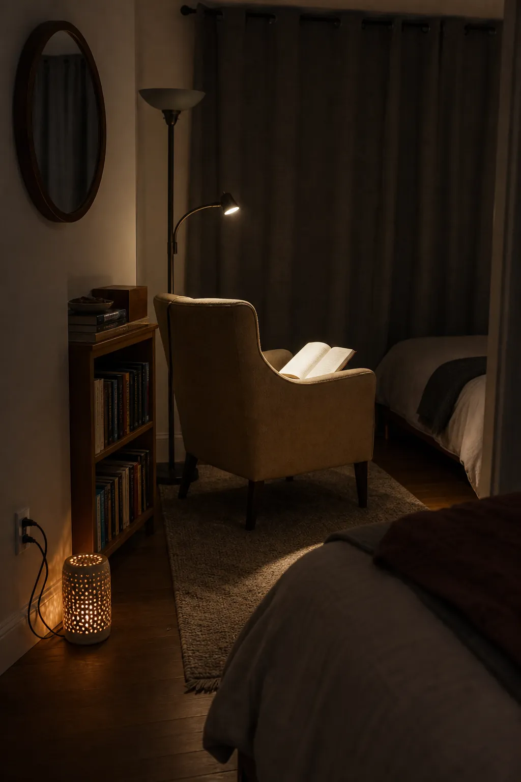 Partner-friendly reading corner with a narrow task beam and dim background glow