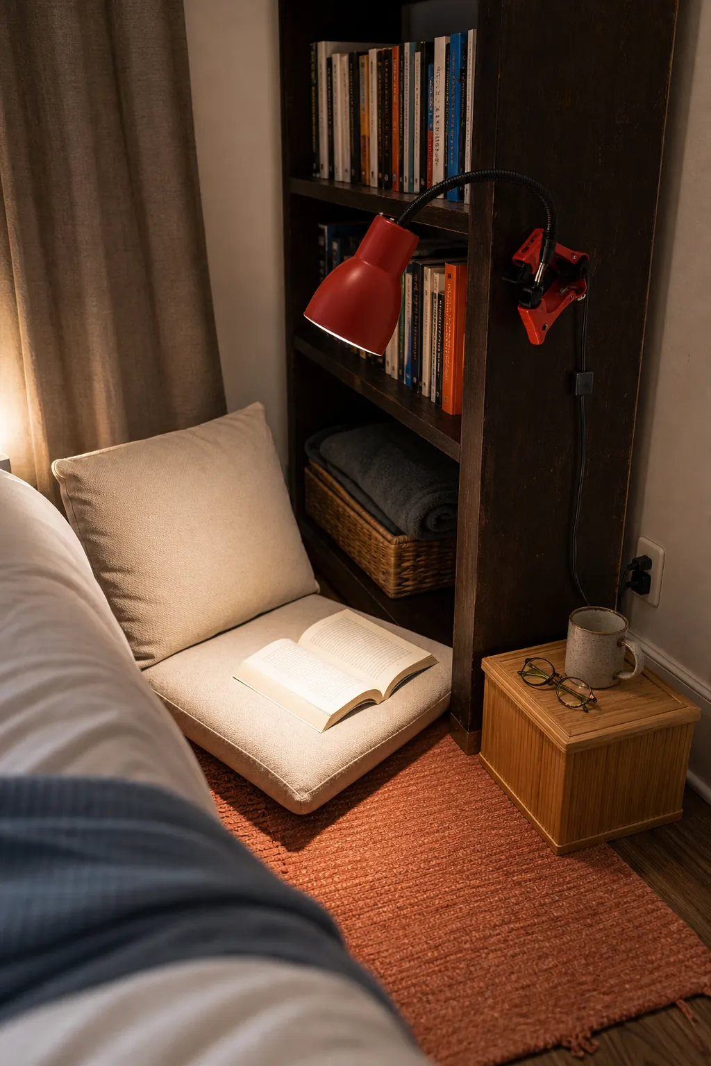 Small renter reading nook with a secure clamp lamp on a bookshelf