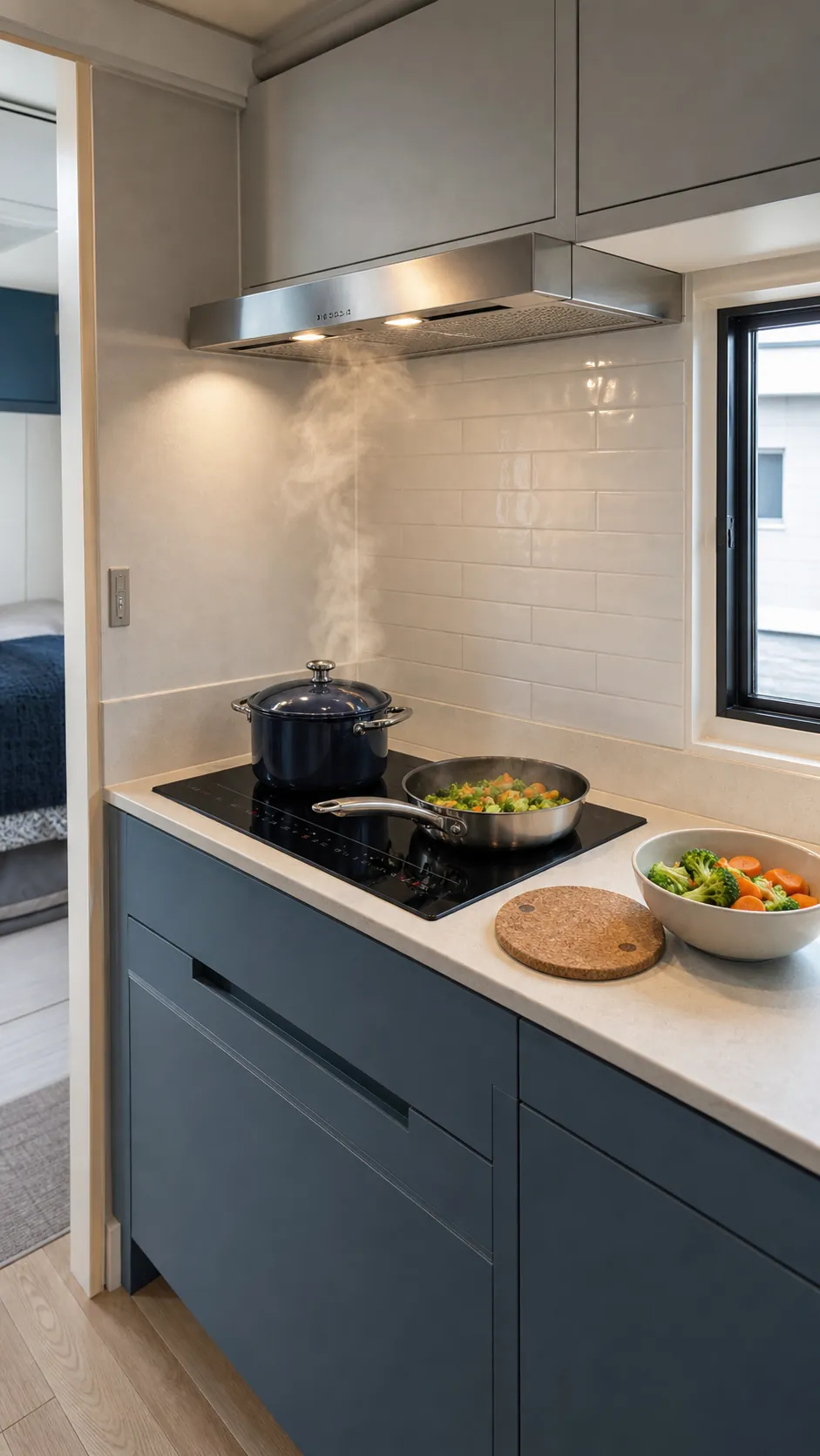 Two-zone induction cooktop with correctly sized hood in a tiny house kitchen