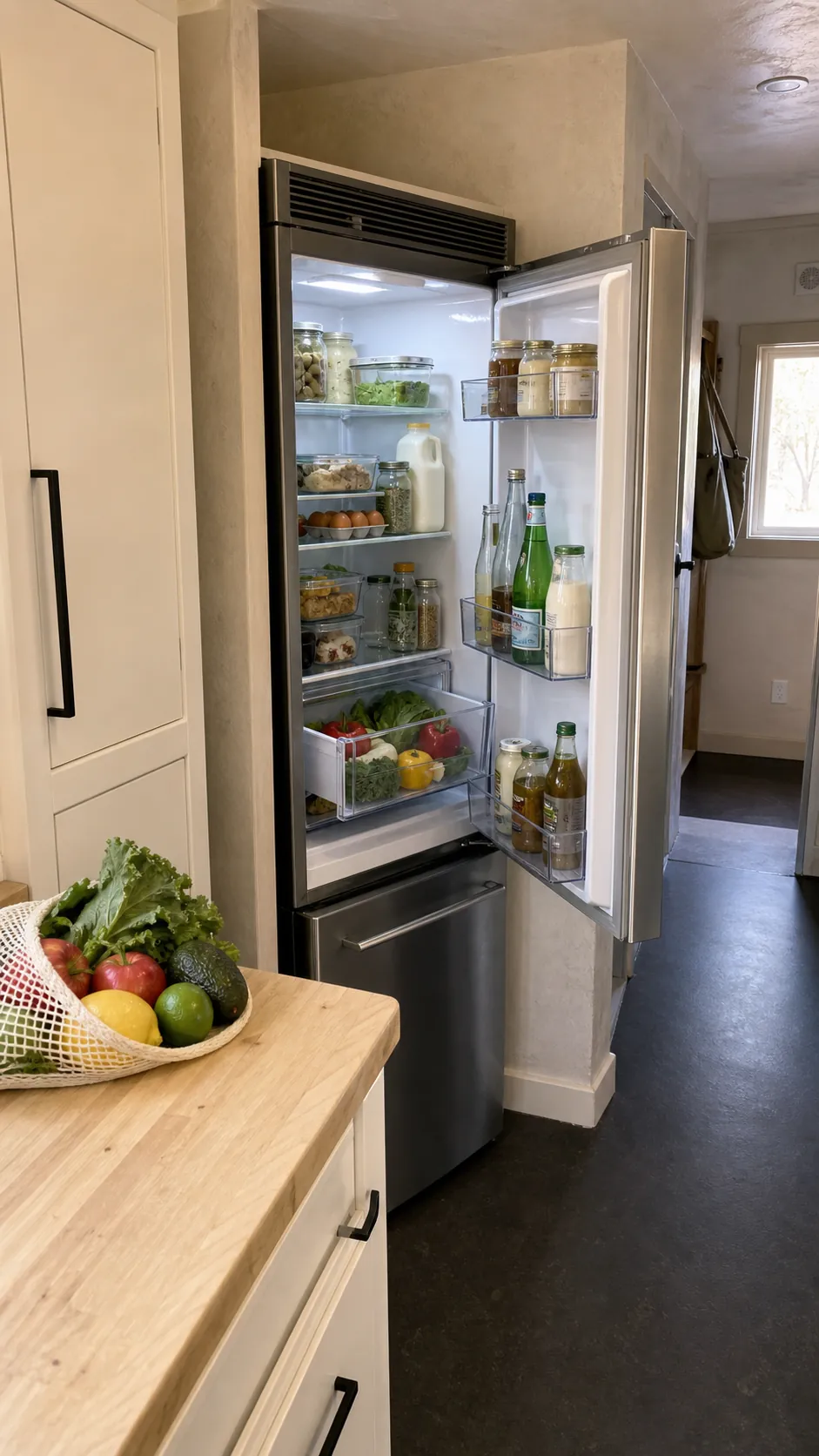 Narrow refrigerator installed with ventilation and door clearance in a tiny kitchen