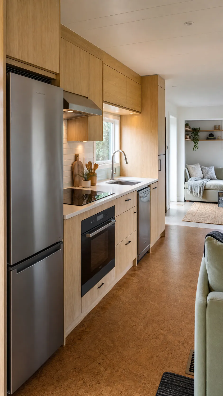Tiny home kitchen with compact refrigerator, induction cooktop, oven, and dishwasher