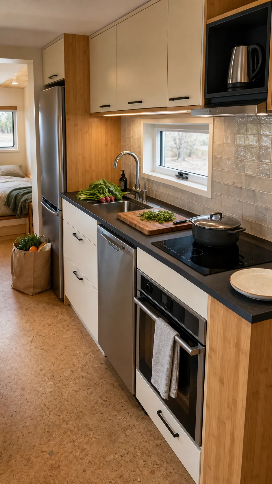 Tiny home kitchen planned around compact appliances and everyday cooking zones
