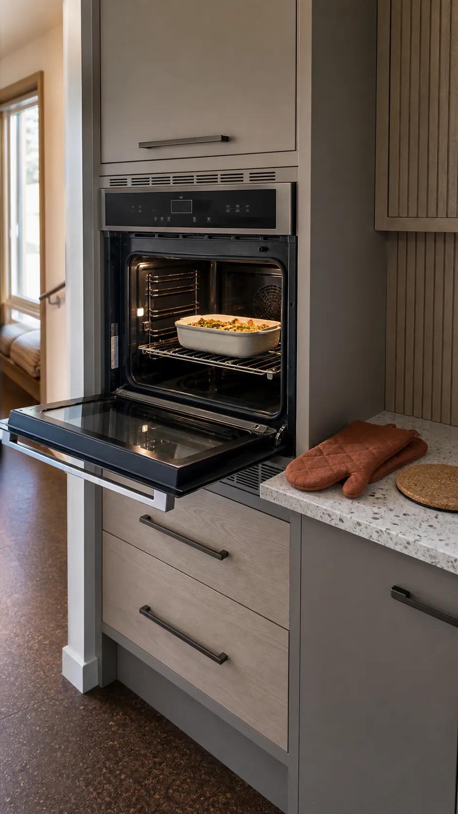 Compact combination oven installed in a ventilated kitchen cubby