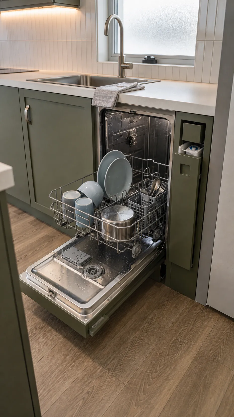 Compact 18-inch dishwasher beside the sink in a tiny home kitchen