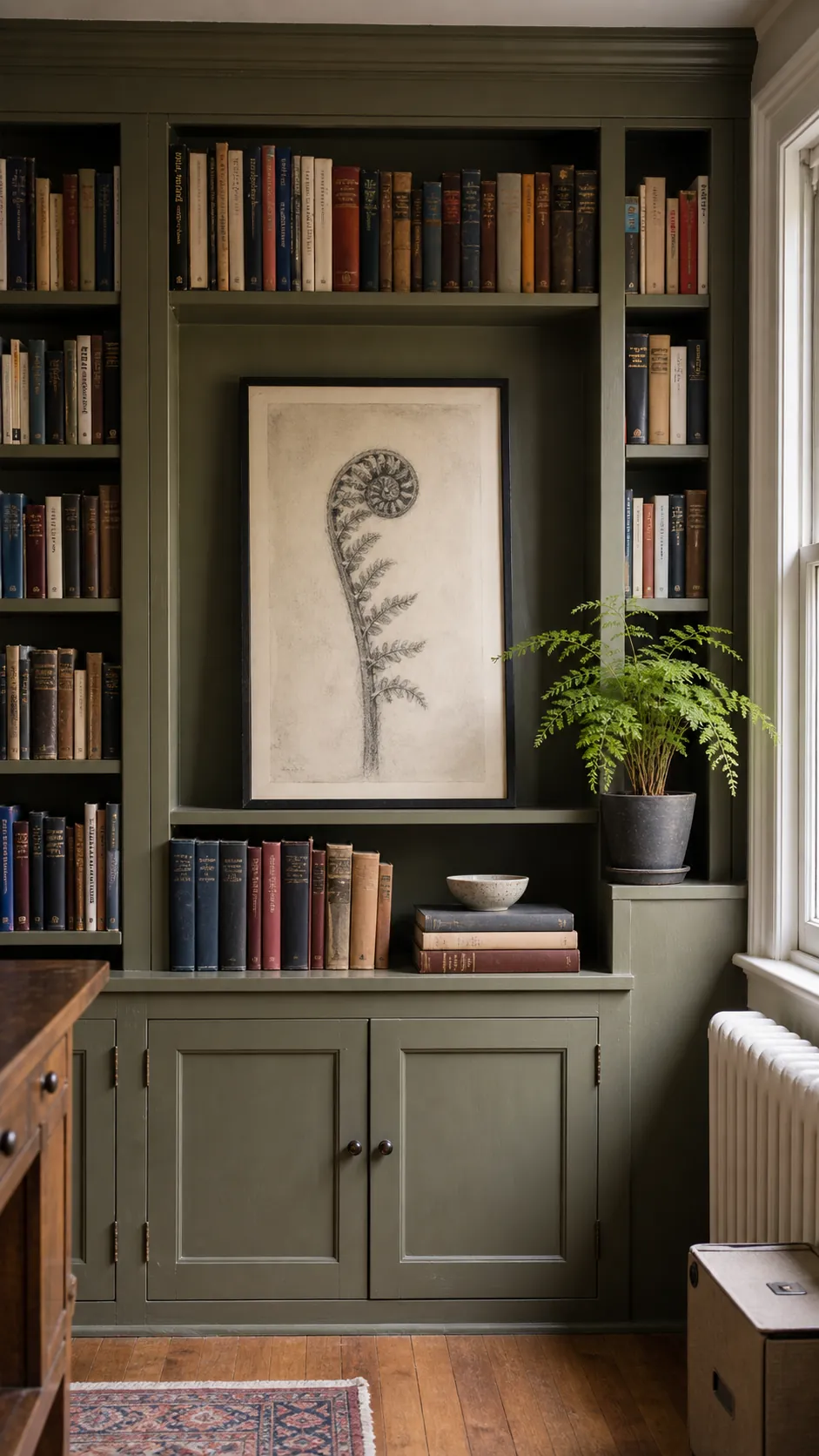 Bookshelf organized around one anchor artwork and strong groups of books