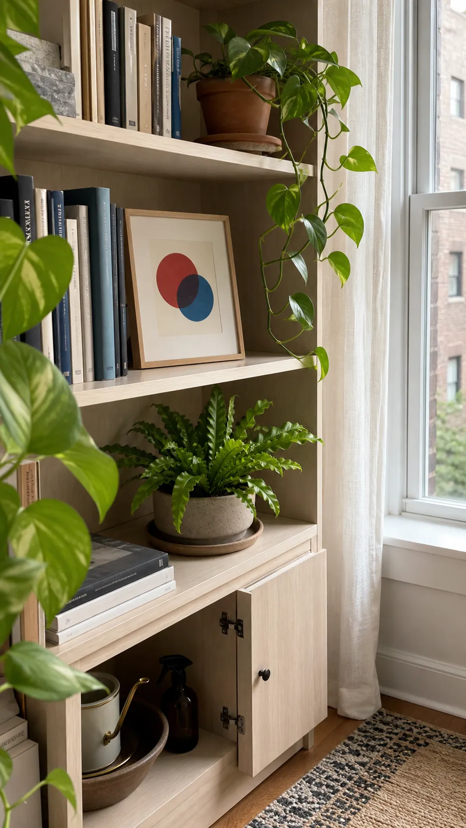 Bookshelf plants placed near daylight with clear space around books and artwork