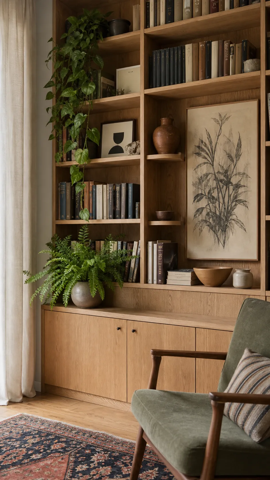 Styled bookshelves with balanced books, plants, and distinctive framed art