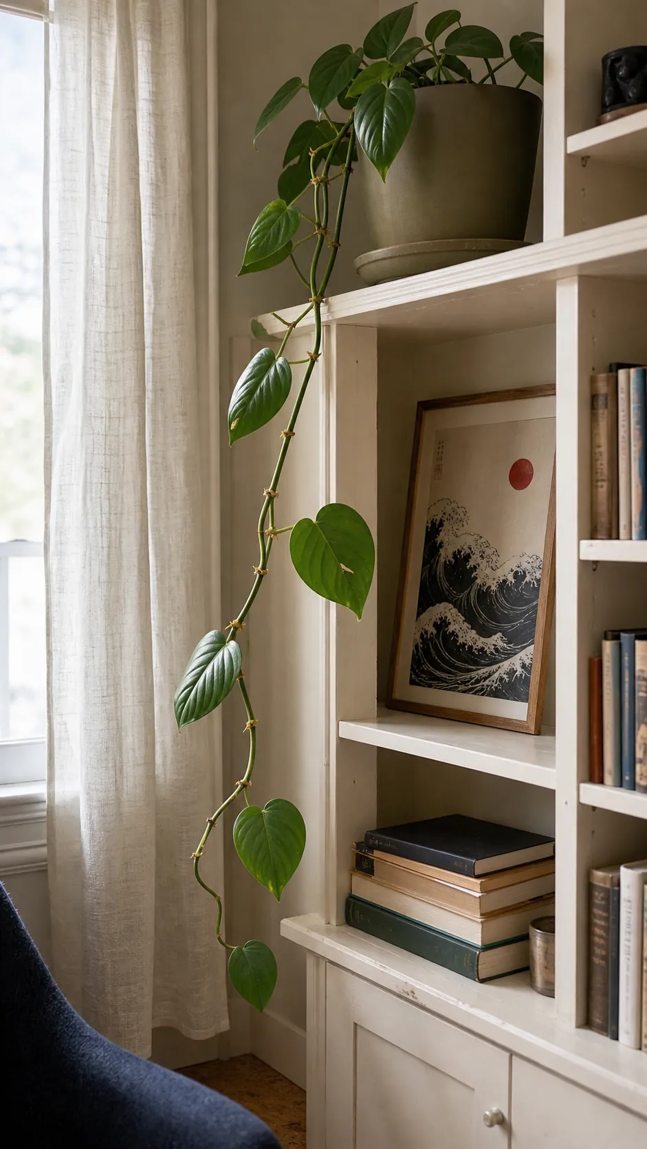 Trimmed trailing plant on a bookshelf leaving books and artwork clearly visible
