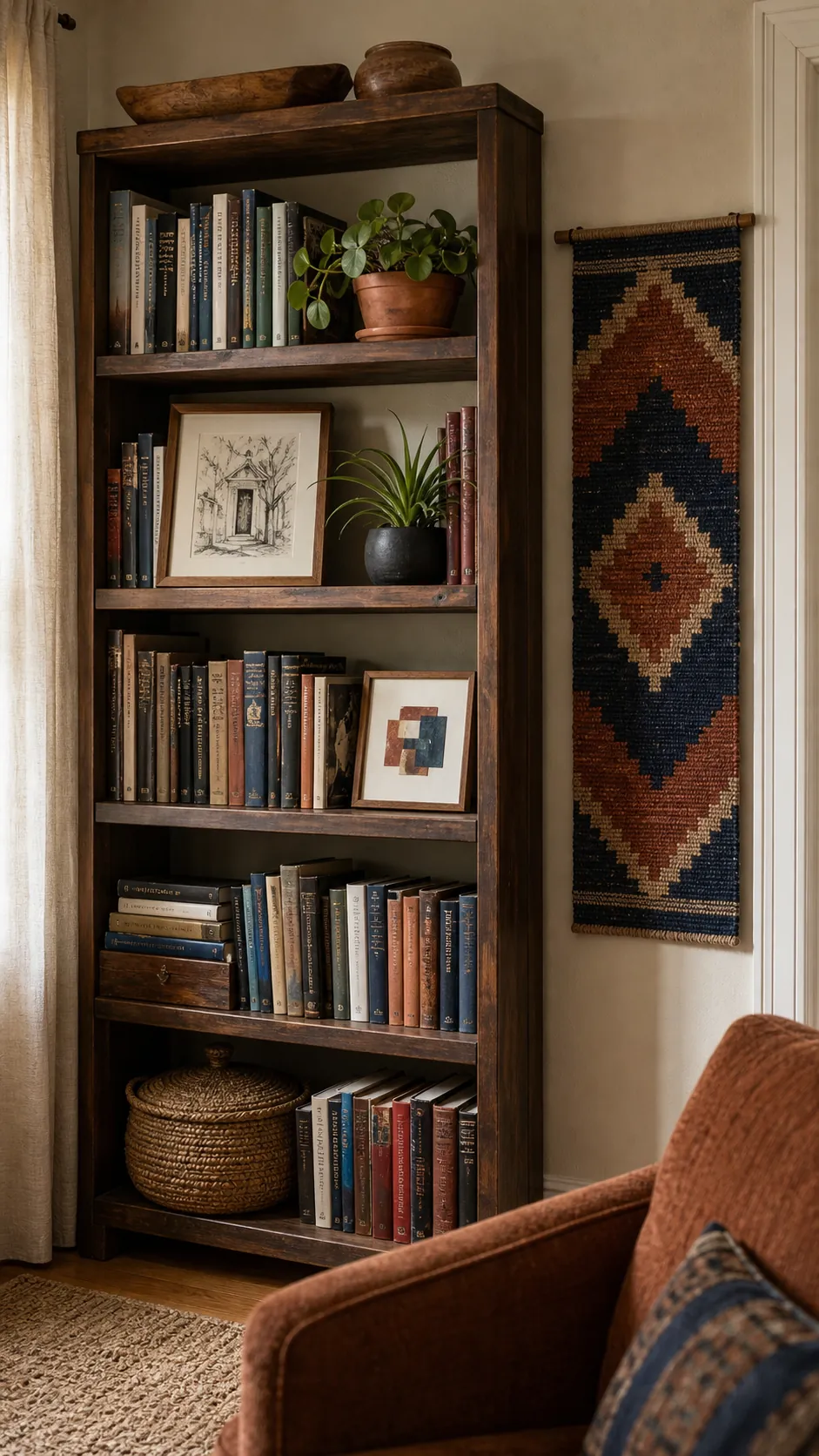 Bookshelf with coordinated terracotta pots, wood frames, books, and woven art